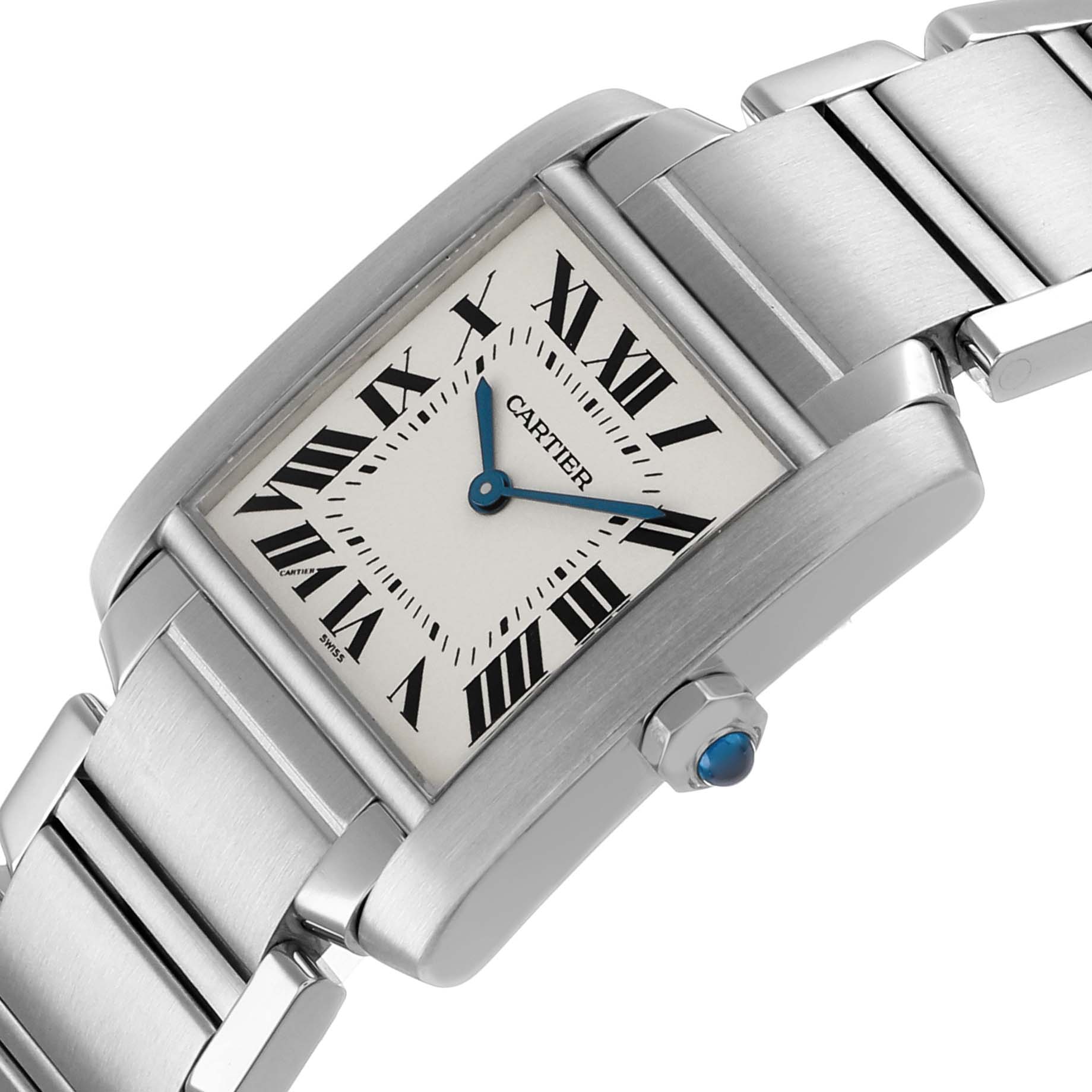The Cartier Tank Francaise W51003Q3 Women's Stainless Steel Silver Dial watch is shown at an angled view, displaying its face, crown, and part of its metal bracelet.