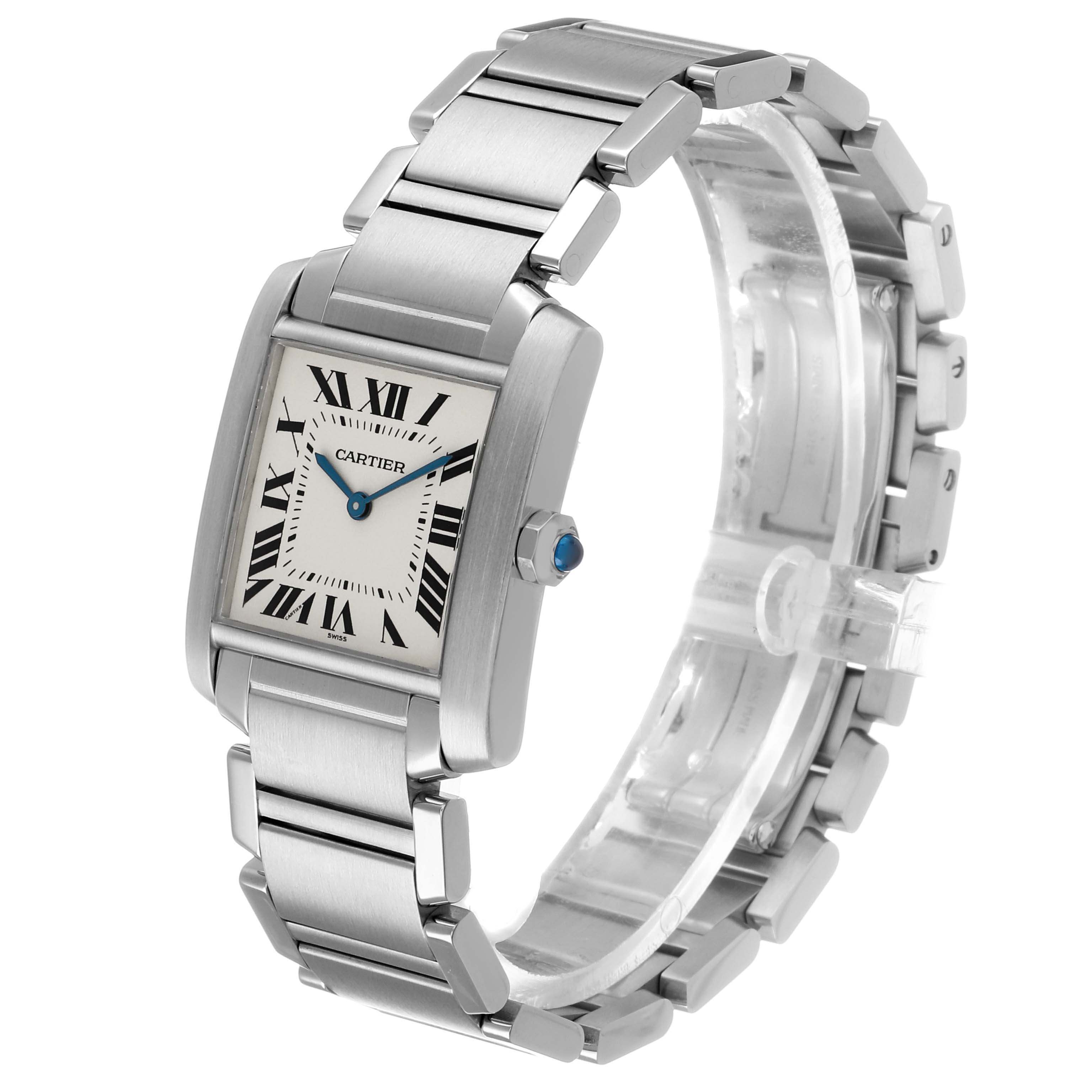 The Cartier Tank Francaise W51003Q3 Women's Stainless Steel Silver Dial watch is shown at a three-quarter angle displaying its face, bracelet, and crown.