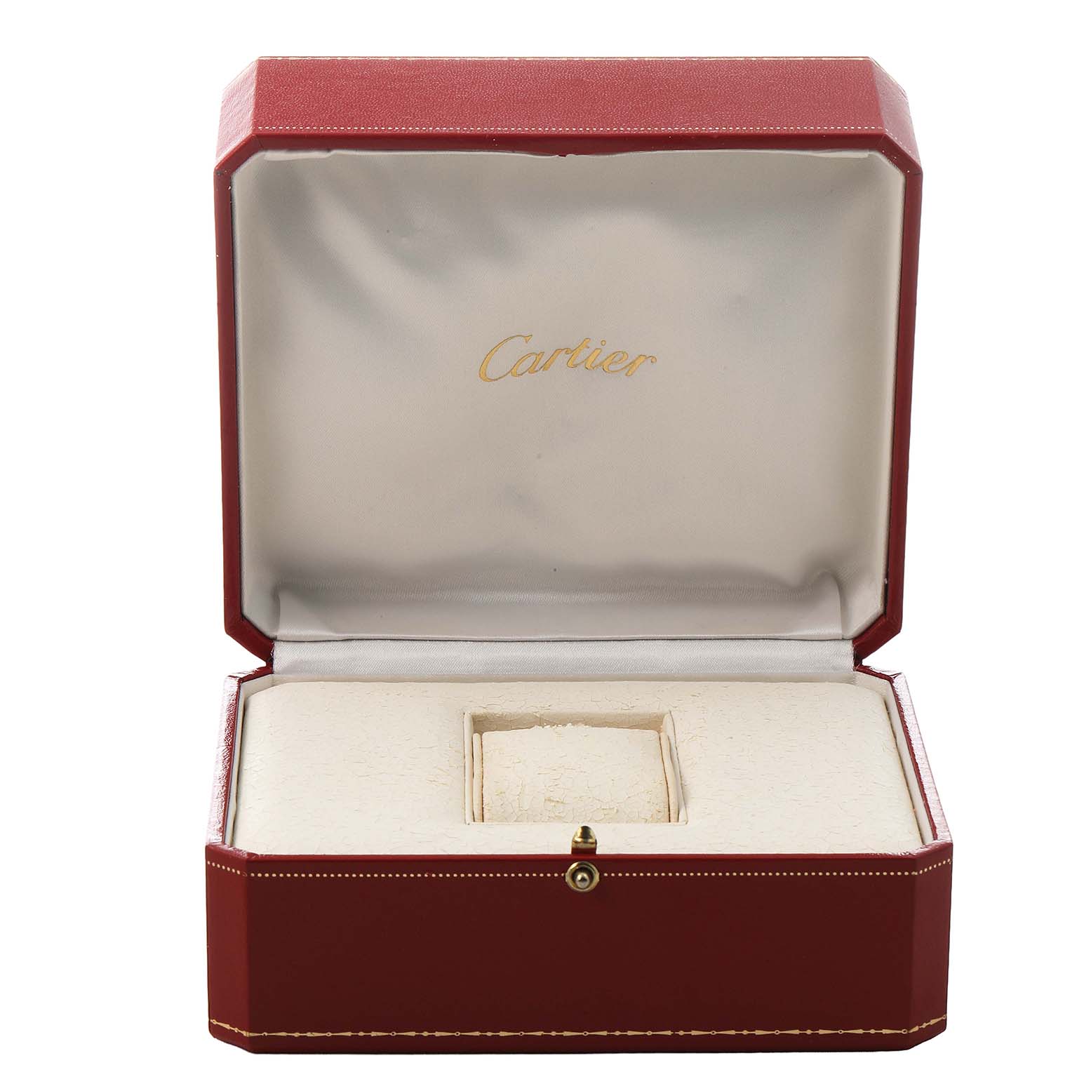 The image shows an open Cartier box for a Tank Francaise watch, displaying the brand logo inside.