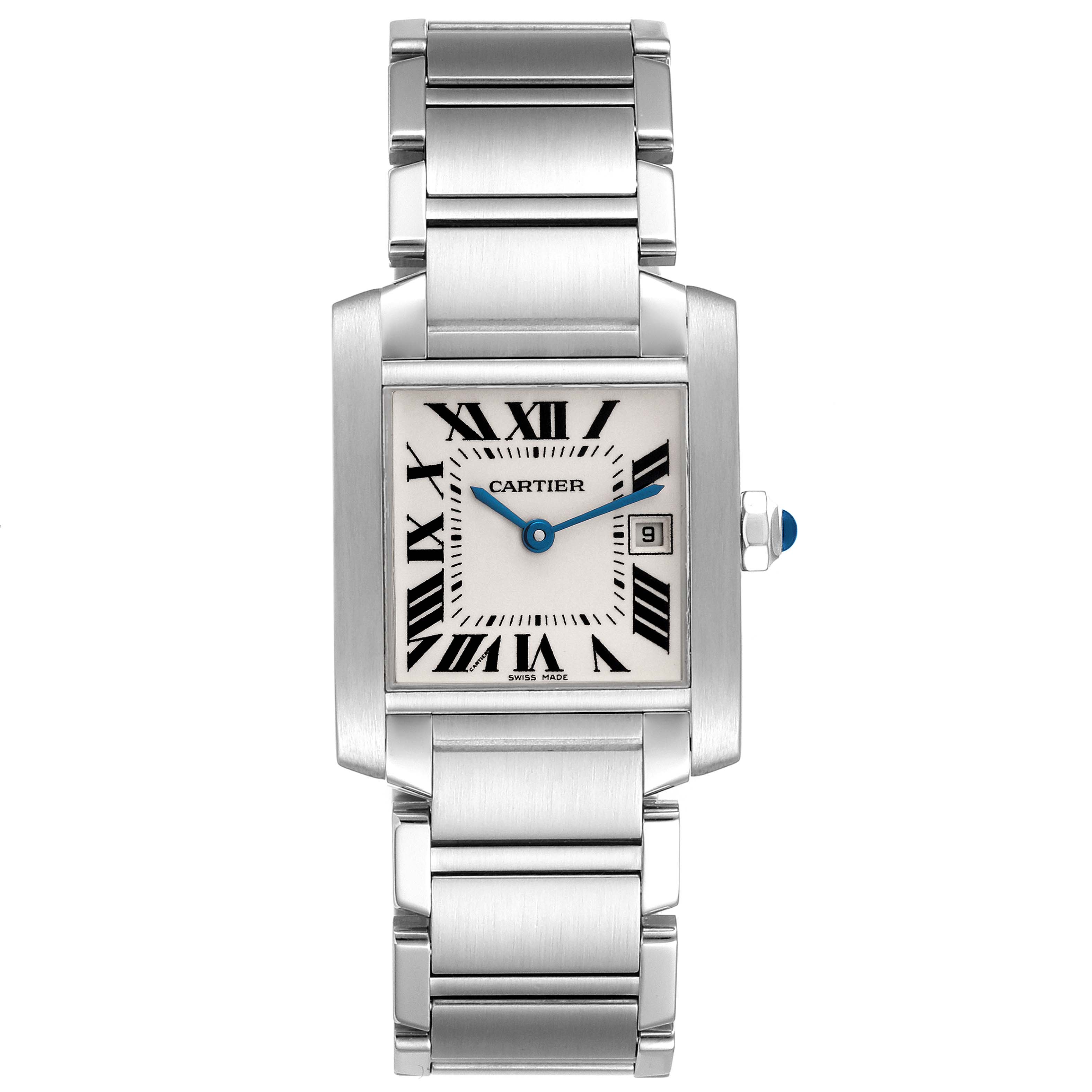 The image shows a front view of the Cartier Tank Francaise W51011Q3 Women's Stainless Steel Silver Dial W51011Q3 Women's Stainless Steel Silver Dial watch, highlighting its rectangular face, blue hands, and Roman numeral markers.