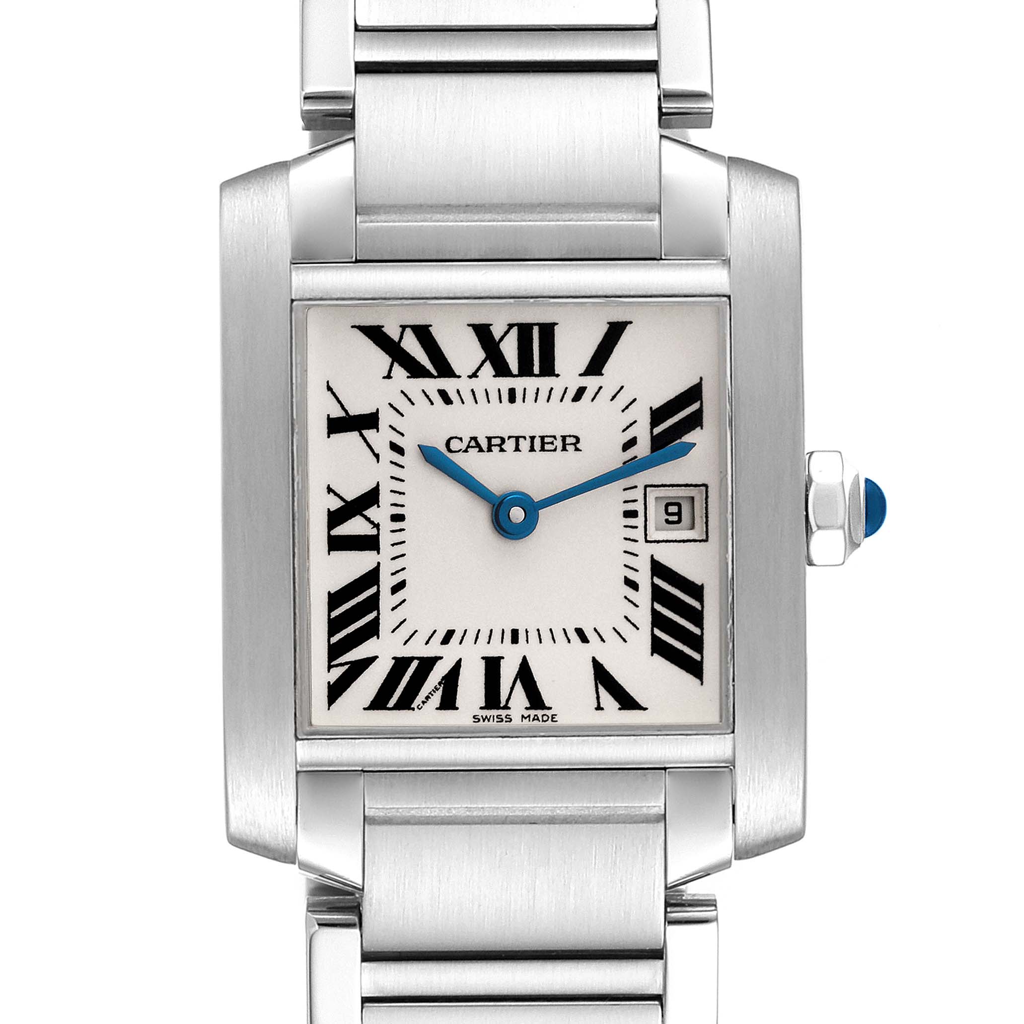 This image shows a front view of the Cartier Tank Francaise W51011Q3 Women's Stainless Steel Silver Dial W51011Q3 Women's Stainless Steel Silver Dial watch, showcasing its dial, bezel, crown, and bracelet.