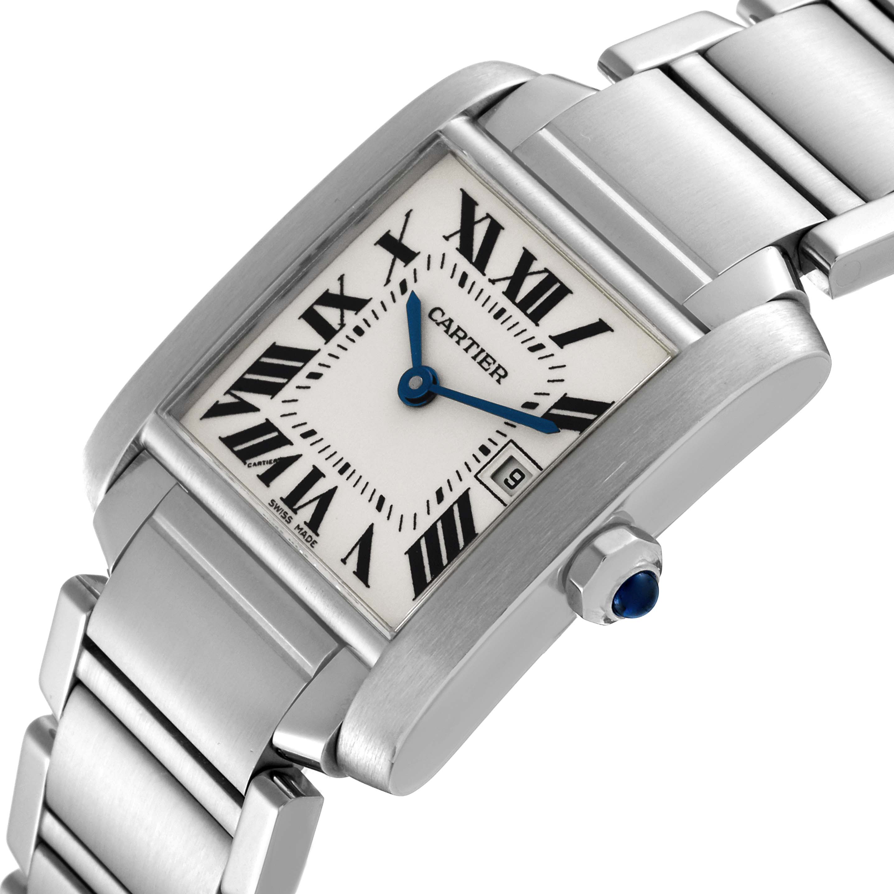 The Cartier Tank Francaise W51011Q3 Women's Stainless Steel Silver Dial W51011Q3 Women's Stainless Steel Silver Dial watch is shown at a slight angle focusing on the dial, bracelet, and crown with a blue cabochon.