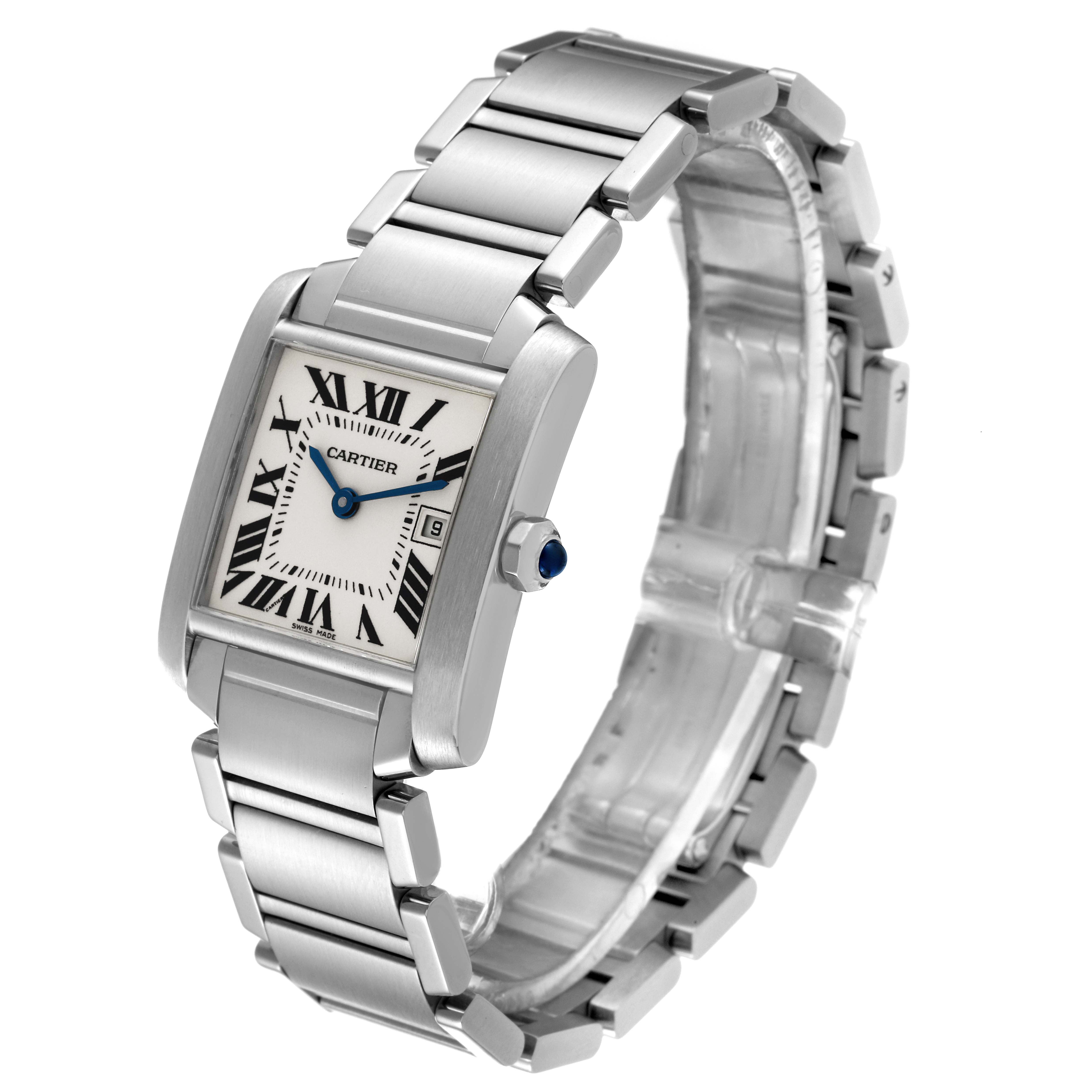 This image shows a frontal angled view of the Cartier Tank Francaise W51011Q3 Women's Stainless Steel Silver Dial W51011Q3 Women's Stainless Steel Silver Dial watch, highlighting its bracelet and rectangular dial.