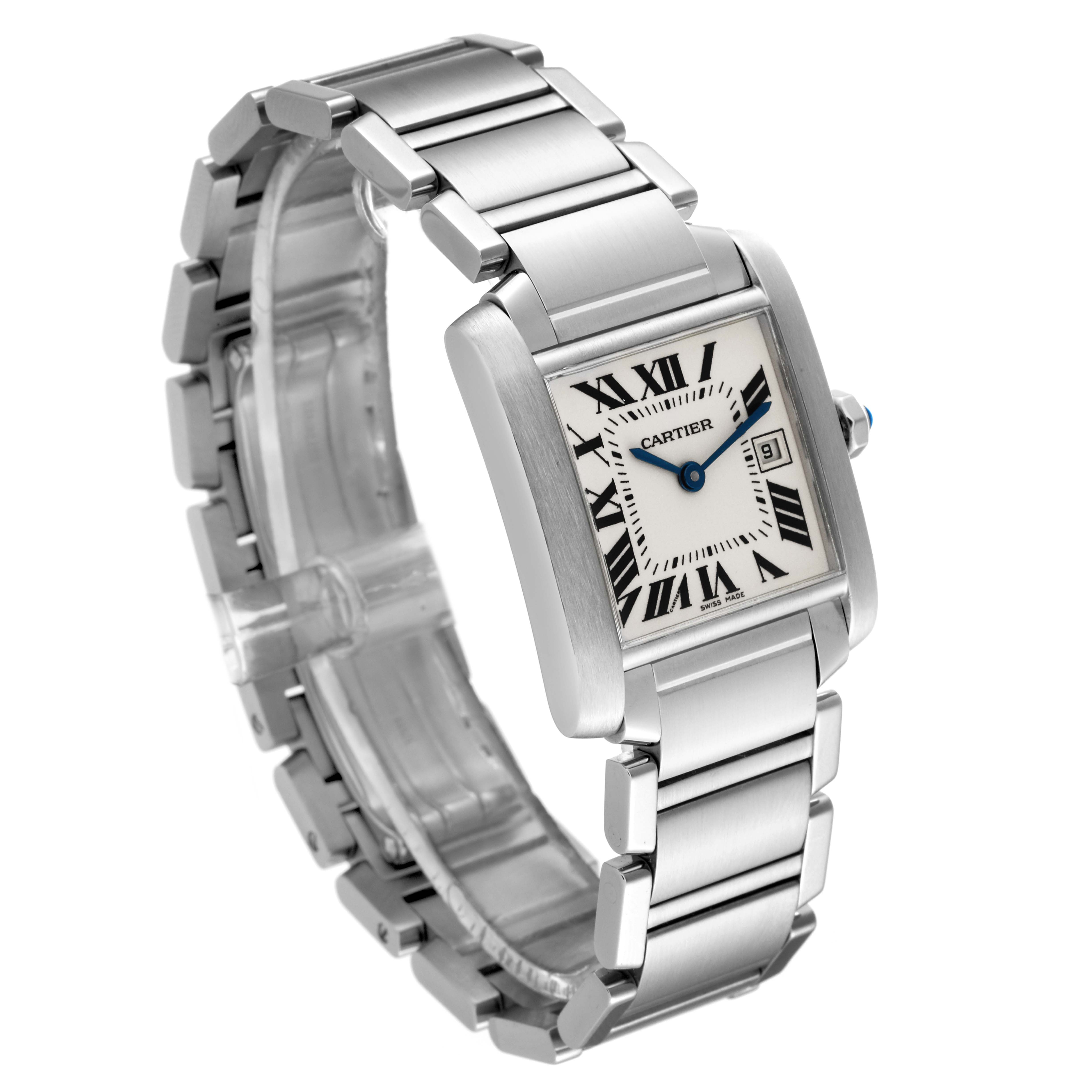 The image shows a Cartier Tank Française watch at a three-quarter angle, highlighting its rectangular face and metal bracelet.