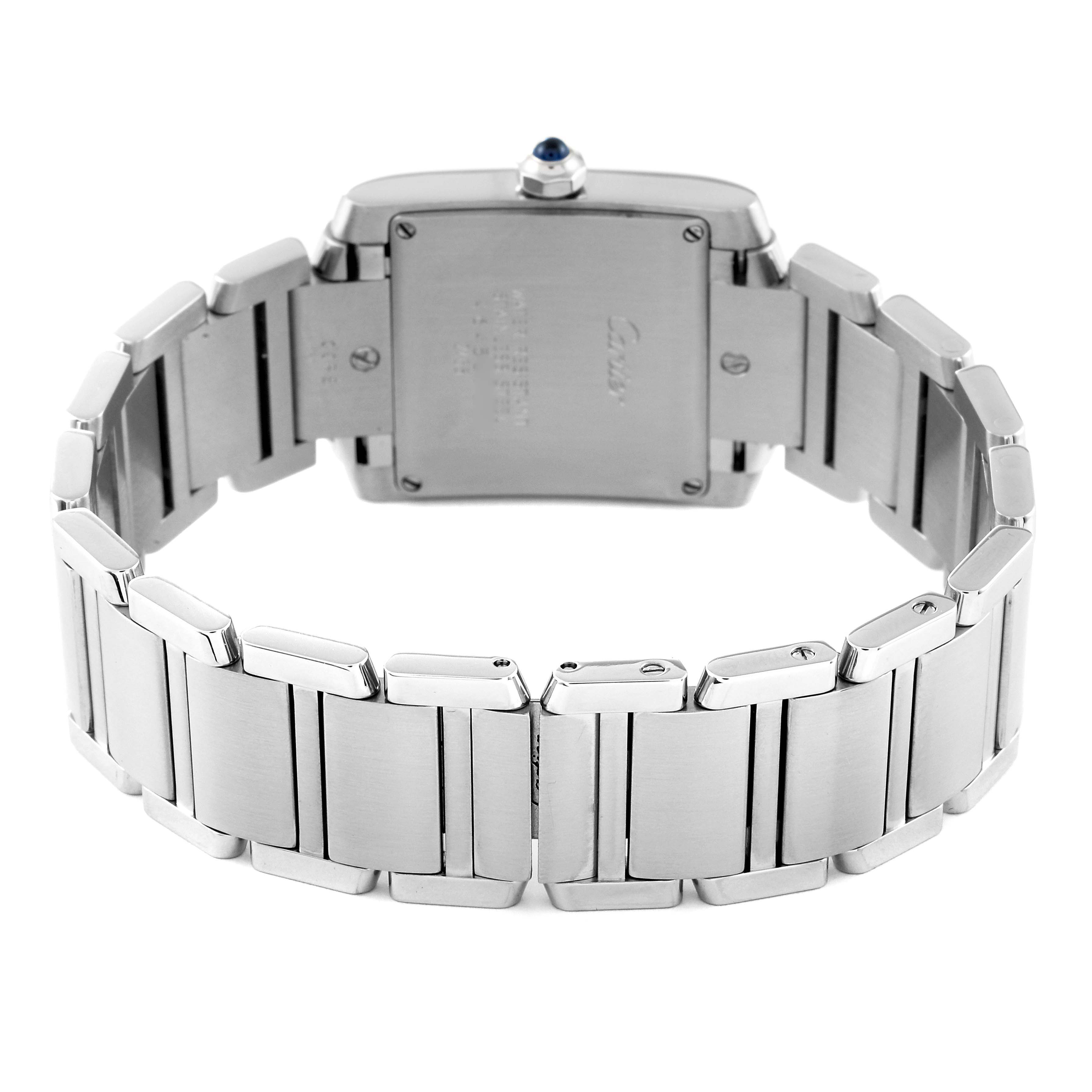 This image shows the back view of the Cartier Tank Francaise W51011Q3 Women's Stainless Steel Silver Dial W51011Q3 Women's Stainless Steel Silver Dial watch, featuring the clasp and bracelet.