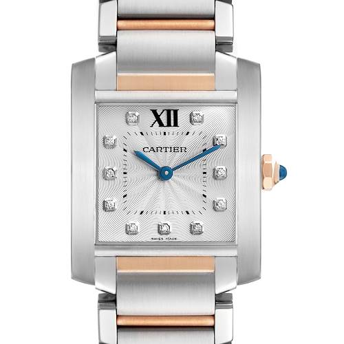 The Cartier Tank Francaise WE110005 Women's Stainless Steel Silver Dial watch is shown from a front angle, displaying its face, hands, and part of the bracelet.