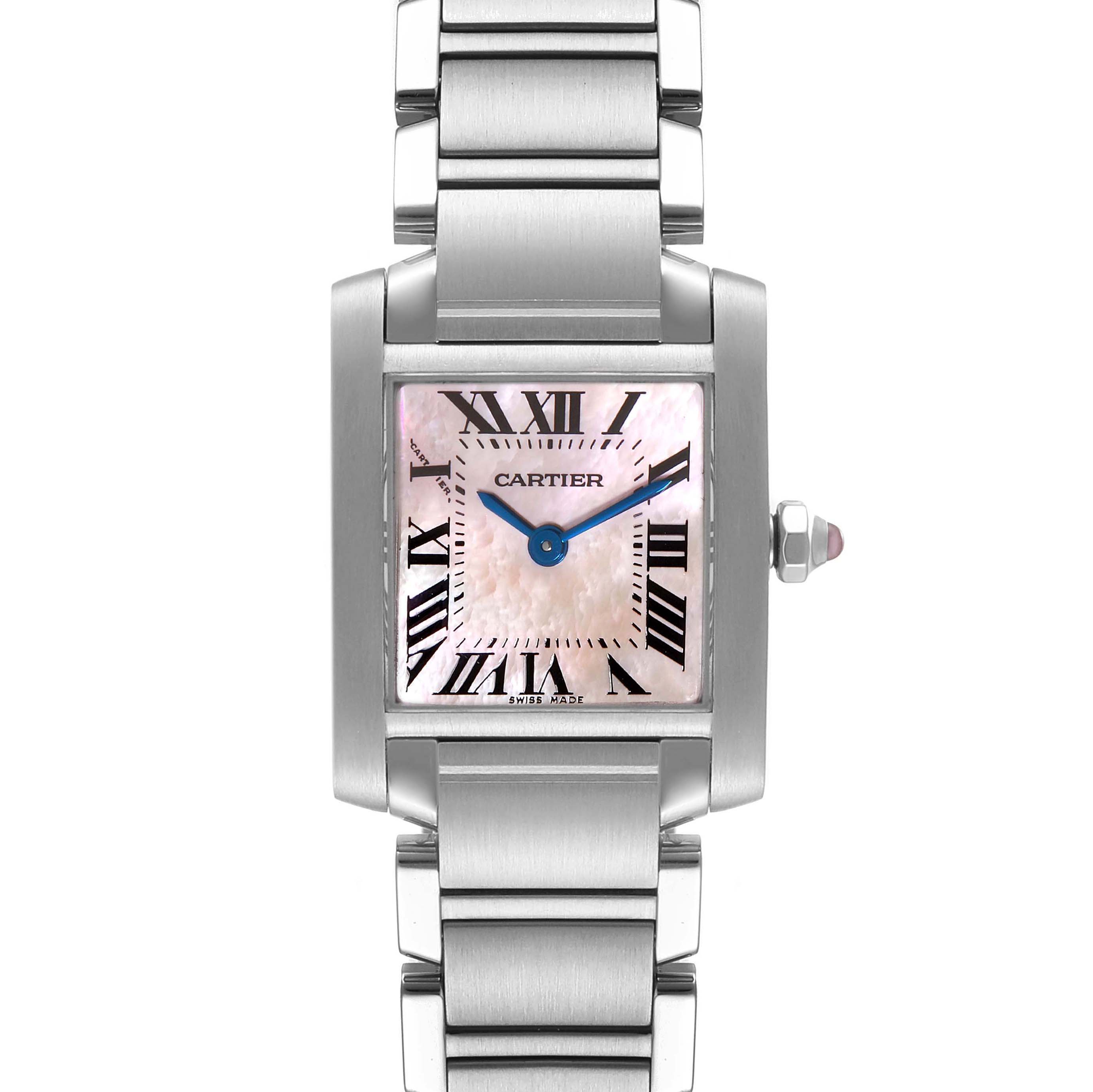 The image shows a front view of the Cartier Tank Francaise W51028Q3 Women
s Stainless Steel Mother of Pearl Dial W51028Q3 Women
s Stainless Steel Mother of Pearl Dial watch, including its dial, case, bracelet, and crown.