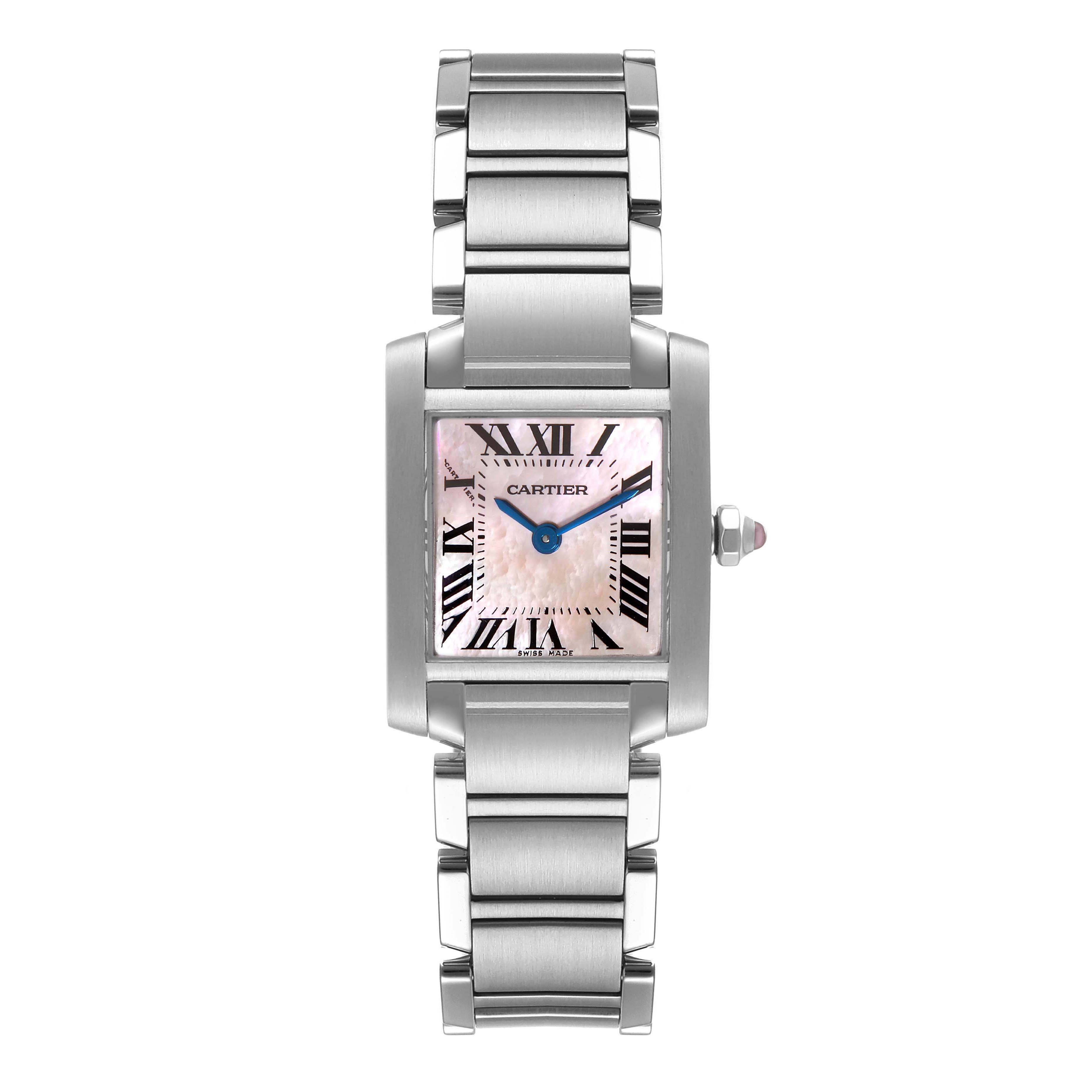 The Cartier Tank Française watch is shown from a top-down angle, displaying the face, bracelet, and crown.