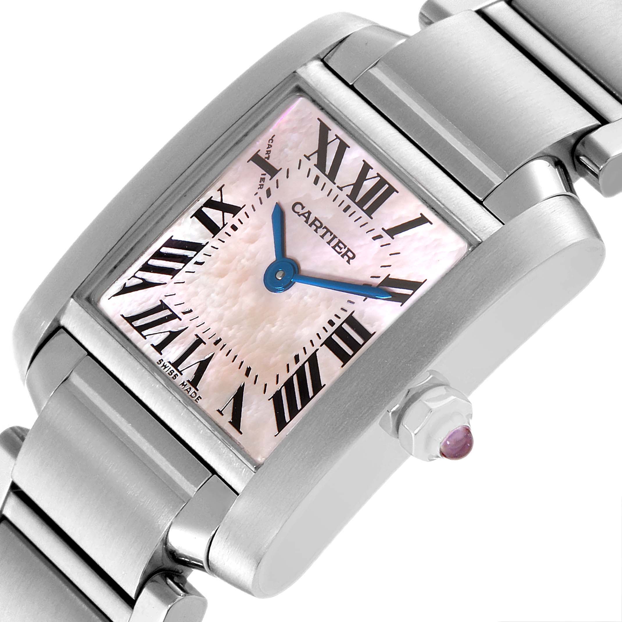The image shows a close-up of the face, bezel, and bracelet of the Cartier Tank Française watch.