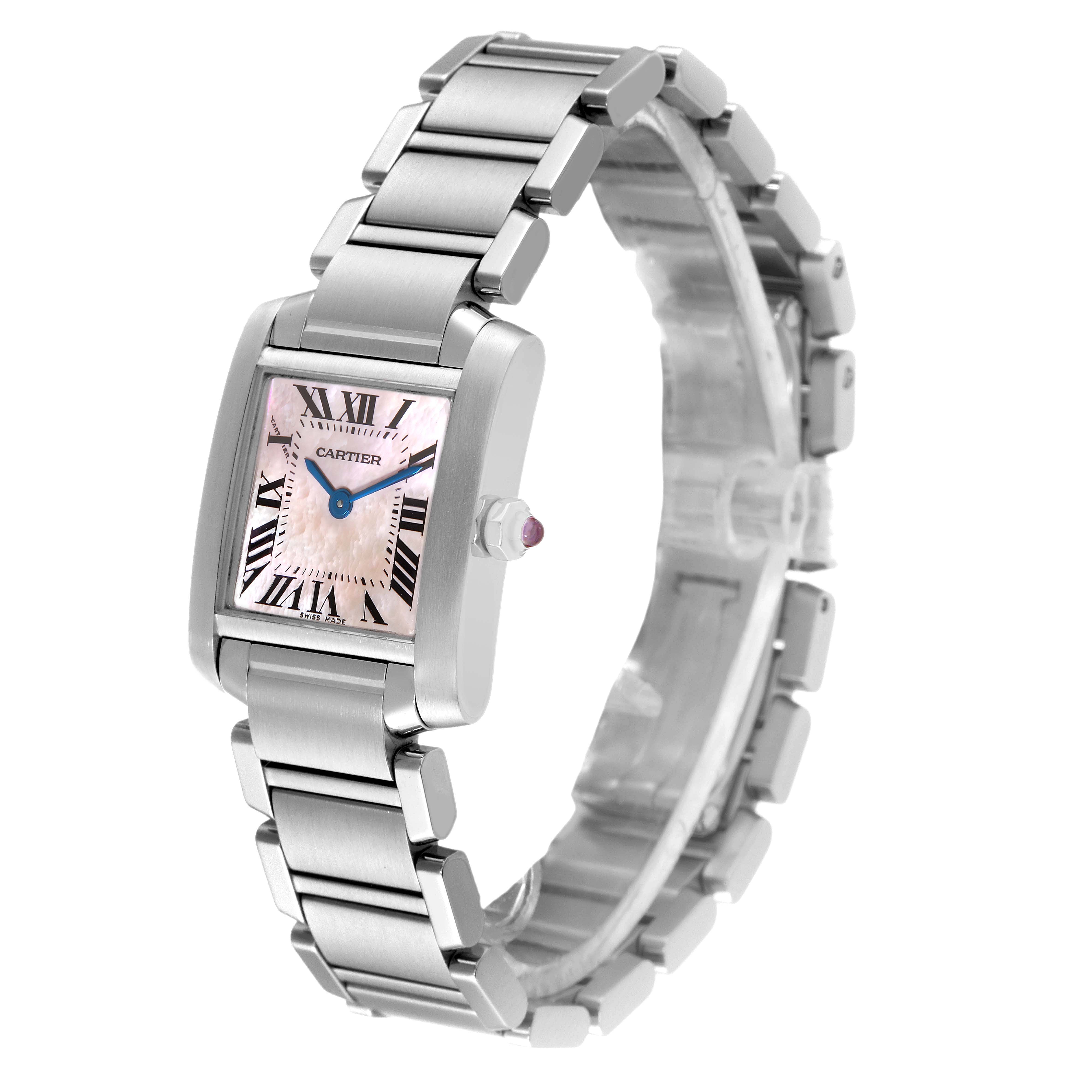 The Cartier Tank Francaise W51028Q3 Women
s Stainless Steel Mother of Pearl Dial W51028Q3 Women
s Stainless Steel Mother of Pearl Dial watch is shown at a three-quarter angle displaying the face, crown, and bracelet.