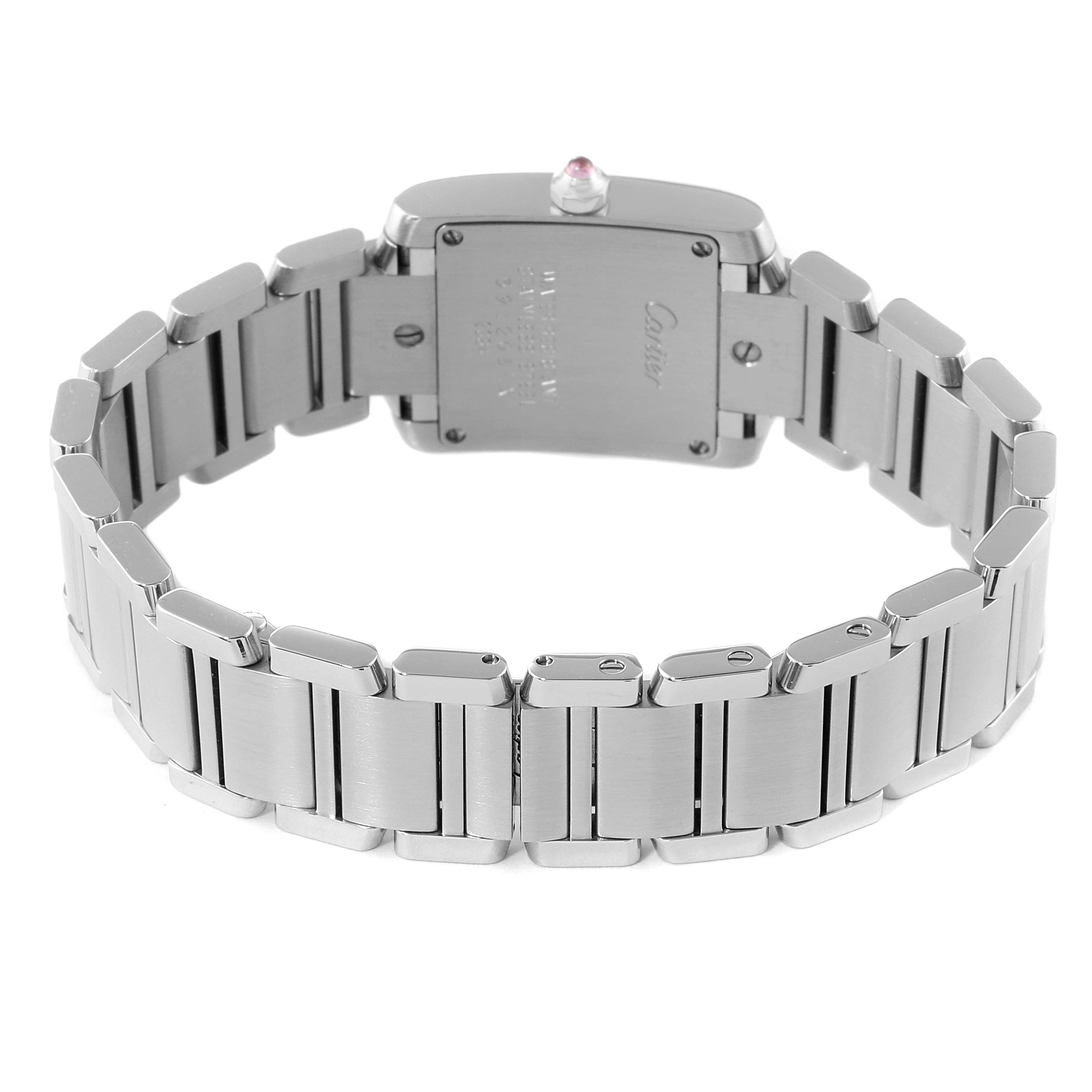 This image shows the back view, bracelet, and clasp of a Cartier Tank Francaise W51028Q3 Women
s Stainless Steel Mother of Pearl Dial W51028Q3 Women
s Stainless Steel Mother of Pearl Dial watch.