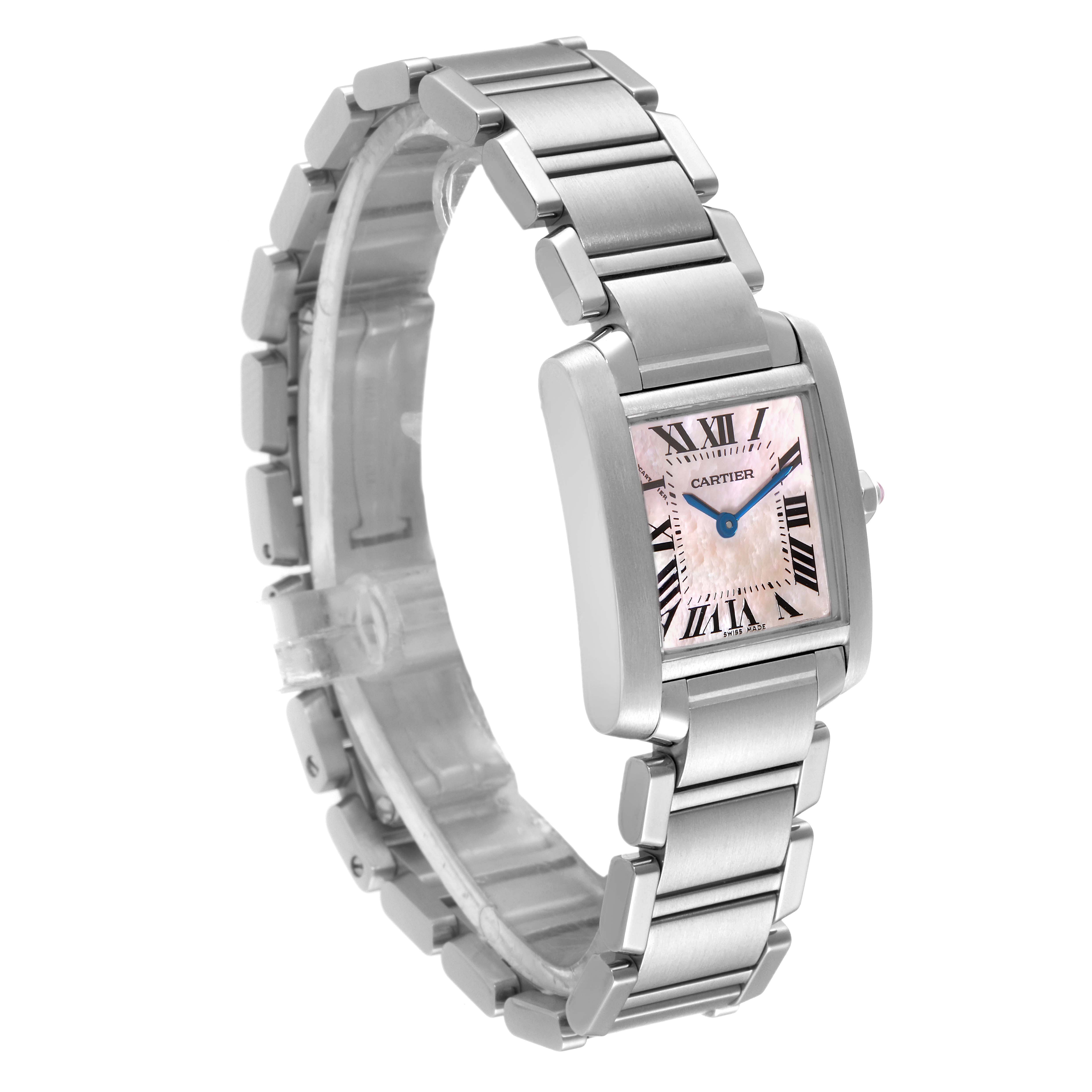The Cartier Tank Francaise W51028Q3 Women
s Stainless Steel Mother of Pearl Dial W51028Q3 Women
s Stainless Steel Mother of Pearl Dial watch is shown at a slight angle, highlighting the strap, rectangular face, and Roman numeral dial.