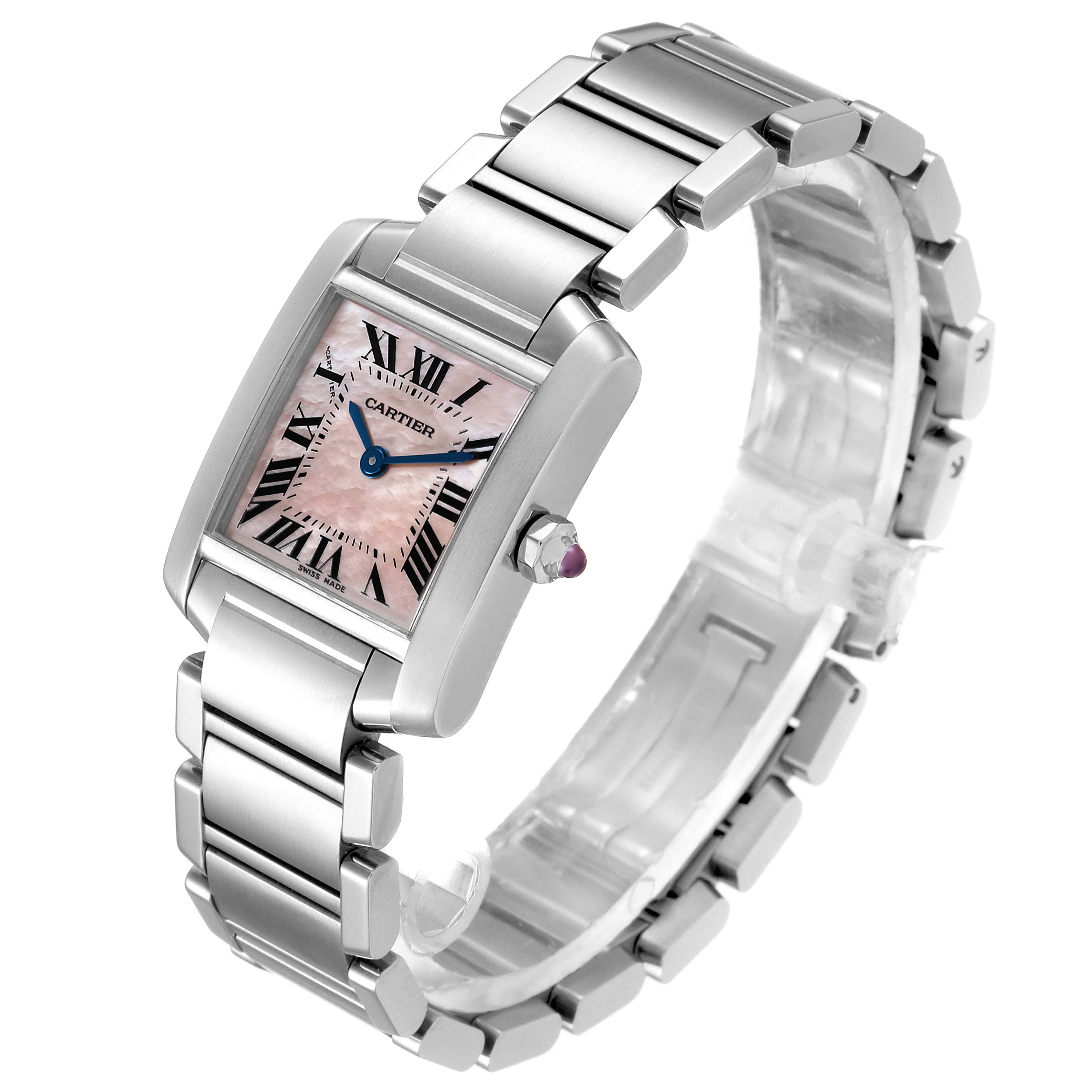 The Cartier Tank Francaise W51028Q3 Women
s Stainless Steel Mother of Pearl Dial W51028Q3 Women
s Stainless Steel Mother of Pearl Dial watch is shown from an angled top-down view, displaying the face, bracelet, and crown.