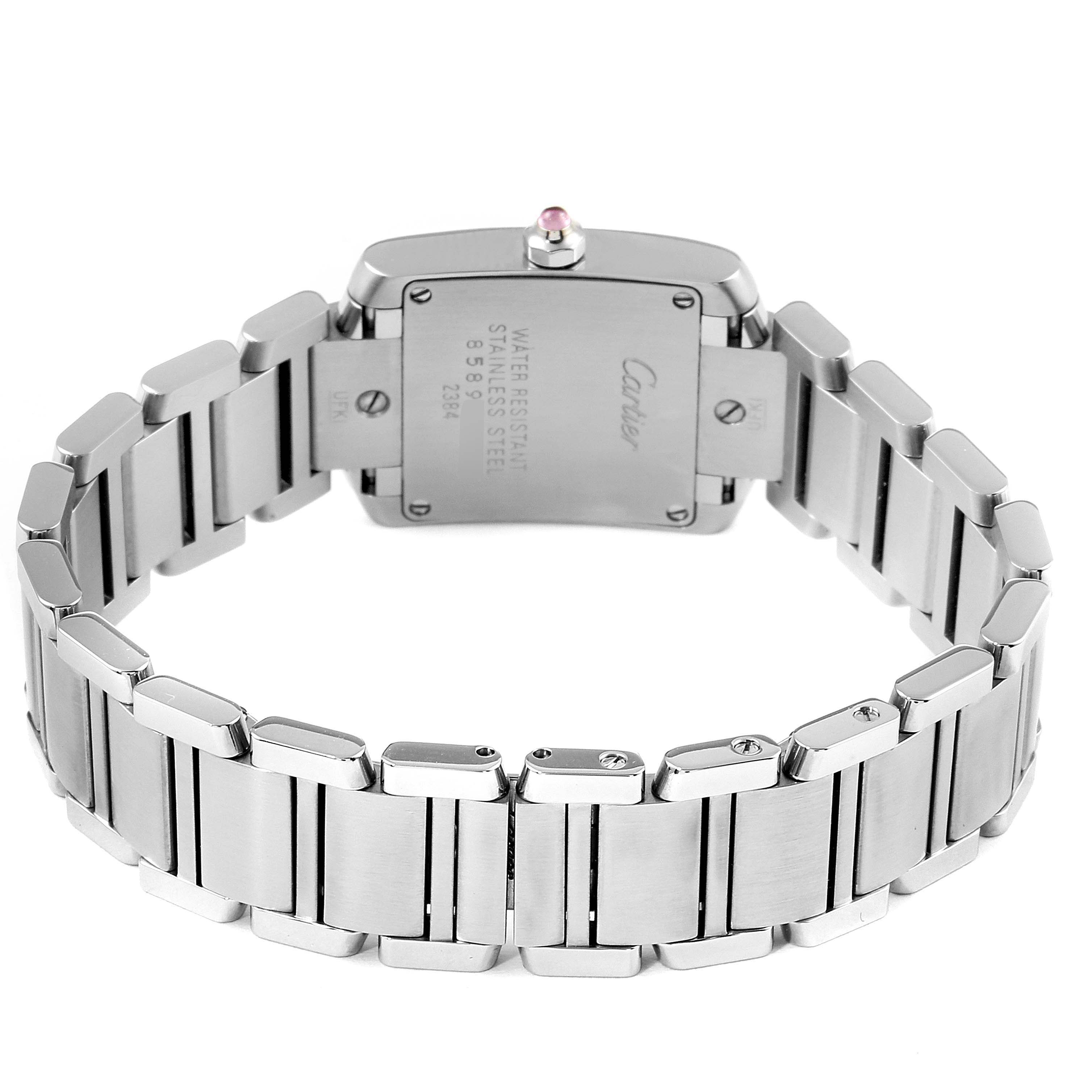 The image shows the back view of a Cartier Tank Francaise W51028Q3 Women
s Stainless Steel Mother of Pearl Dial W51028Q3 Women
s Stainless Steel Mother of Pearl Dial watch, highlighting its stainless steel bracelet and case back.