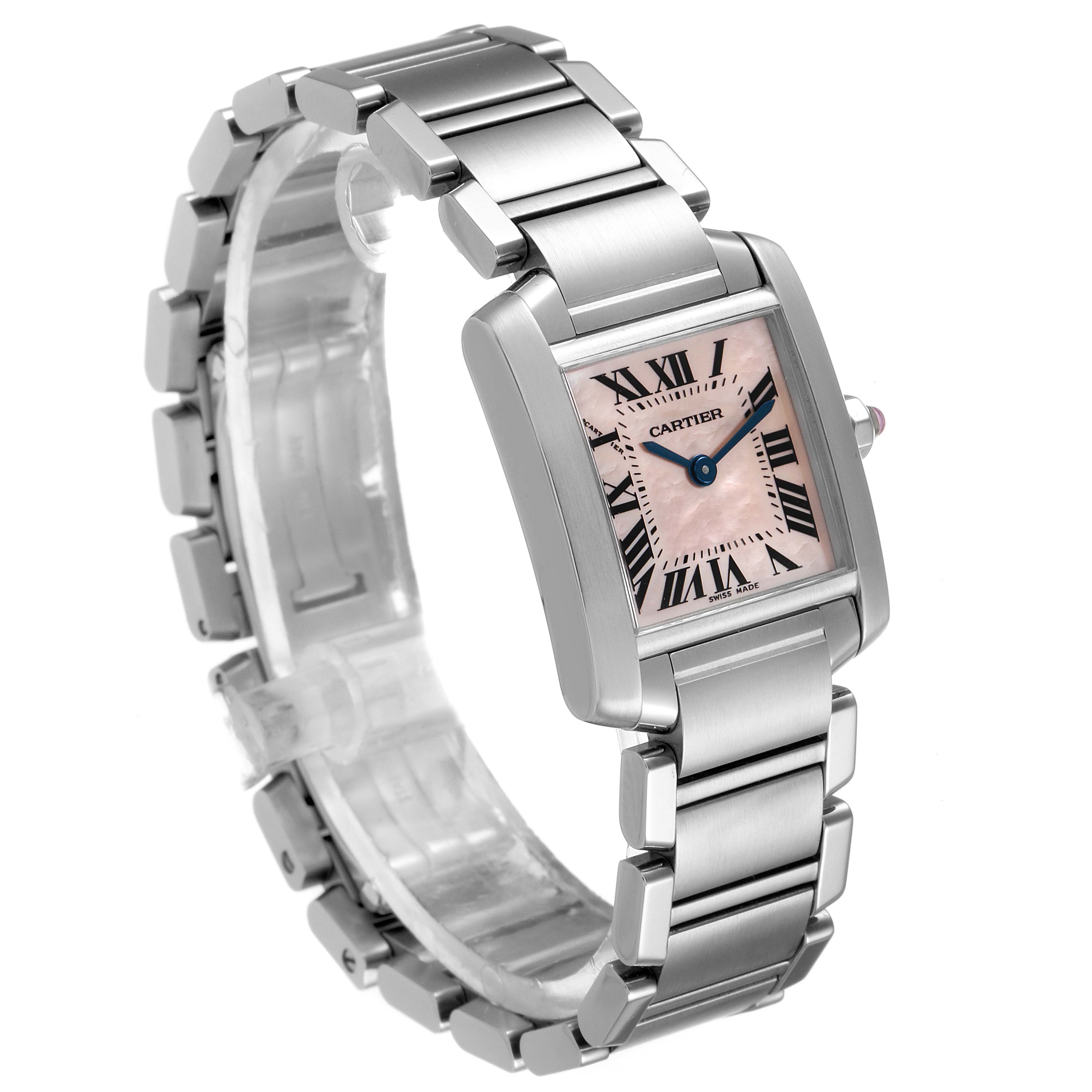 The image shows a Cartier Tank Française watch at a three-quarter angle, highlighting its stainless steel case and bracelet, with a pink dial.