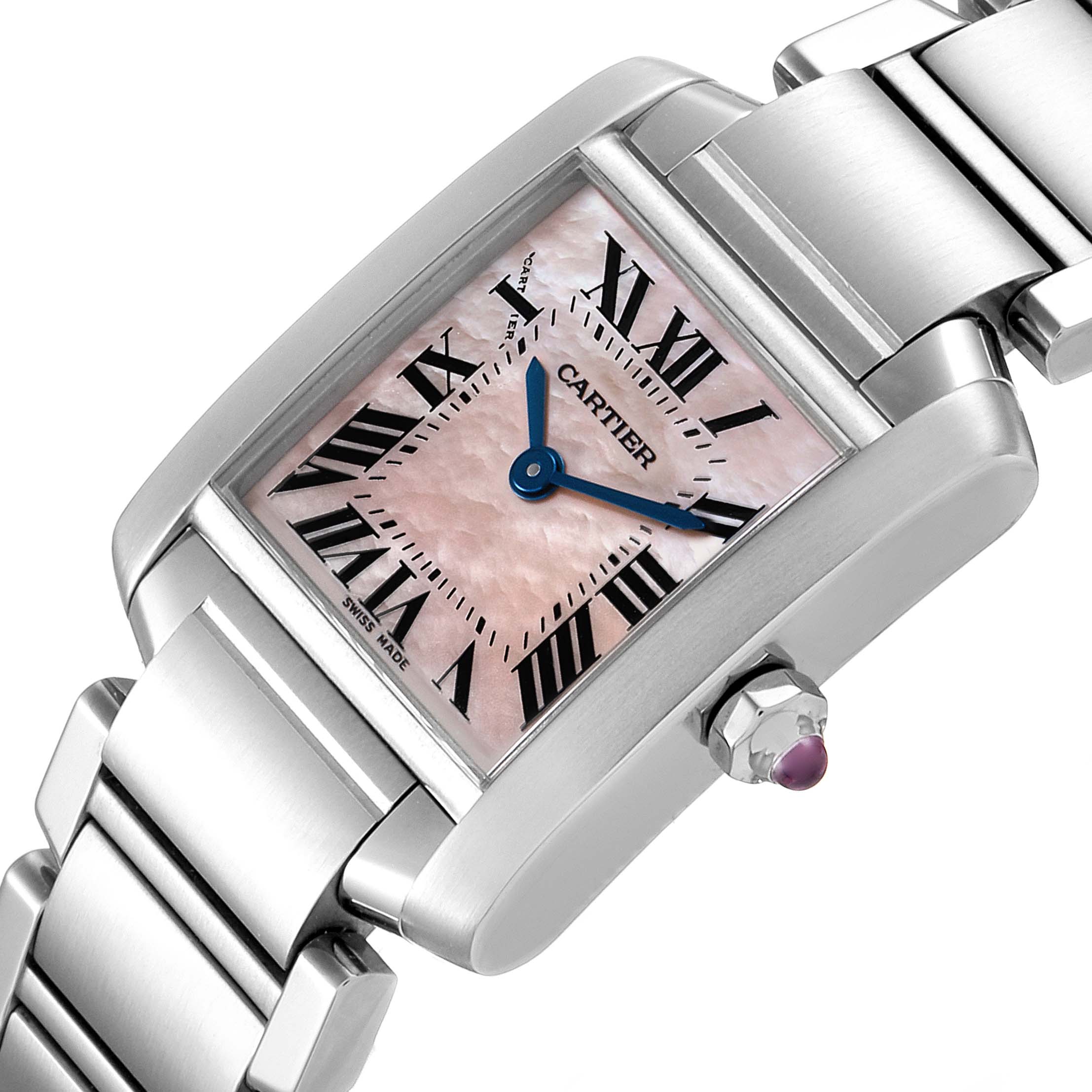 The image showcases a close-up angle of the Tank Française by Cartier, highlighting the dial, Roman numerals, hands, and part of the bracelet.