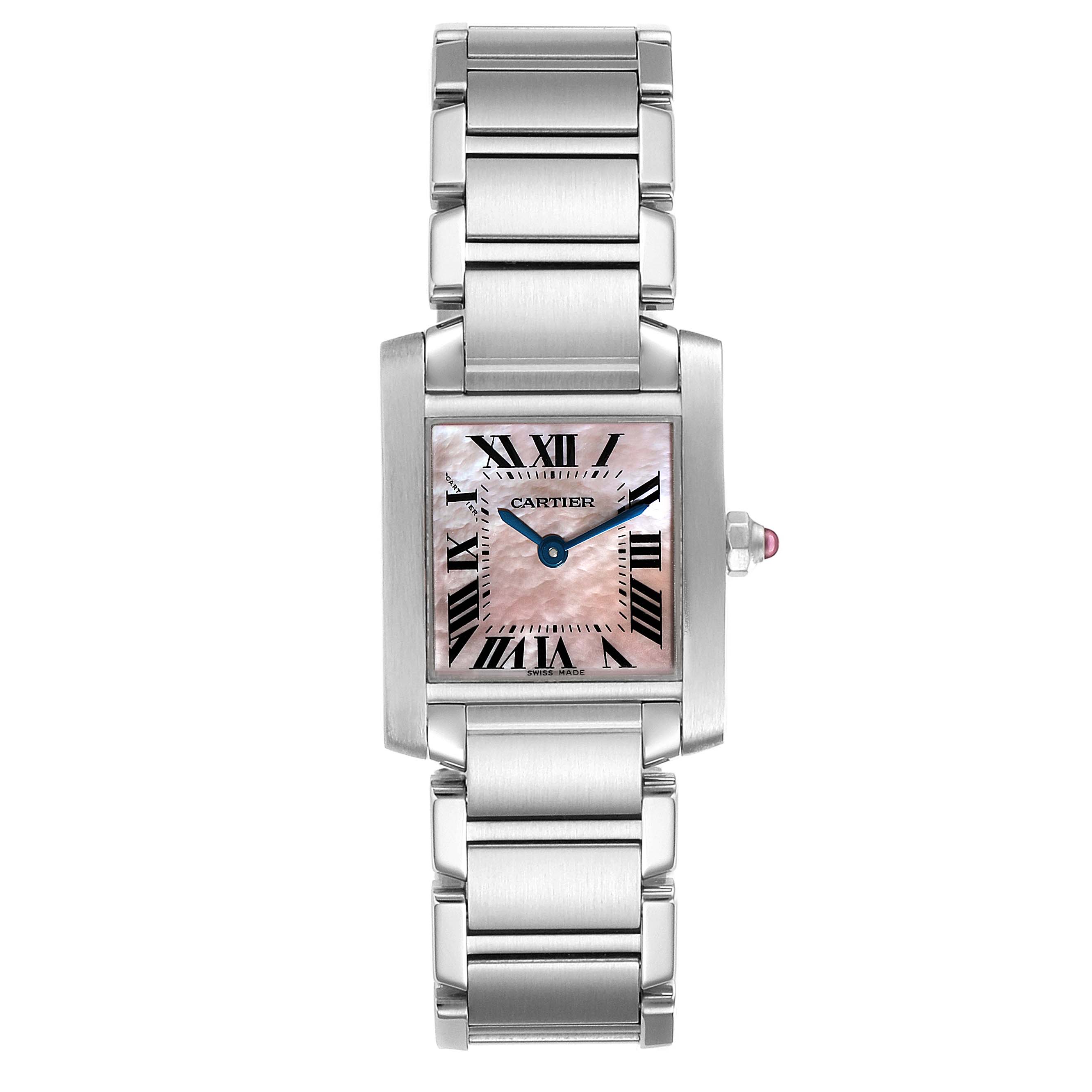 The image shows a Tank Francaise model by Cartier from a front angle, highlighting the face, bracelet, and crown.