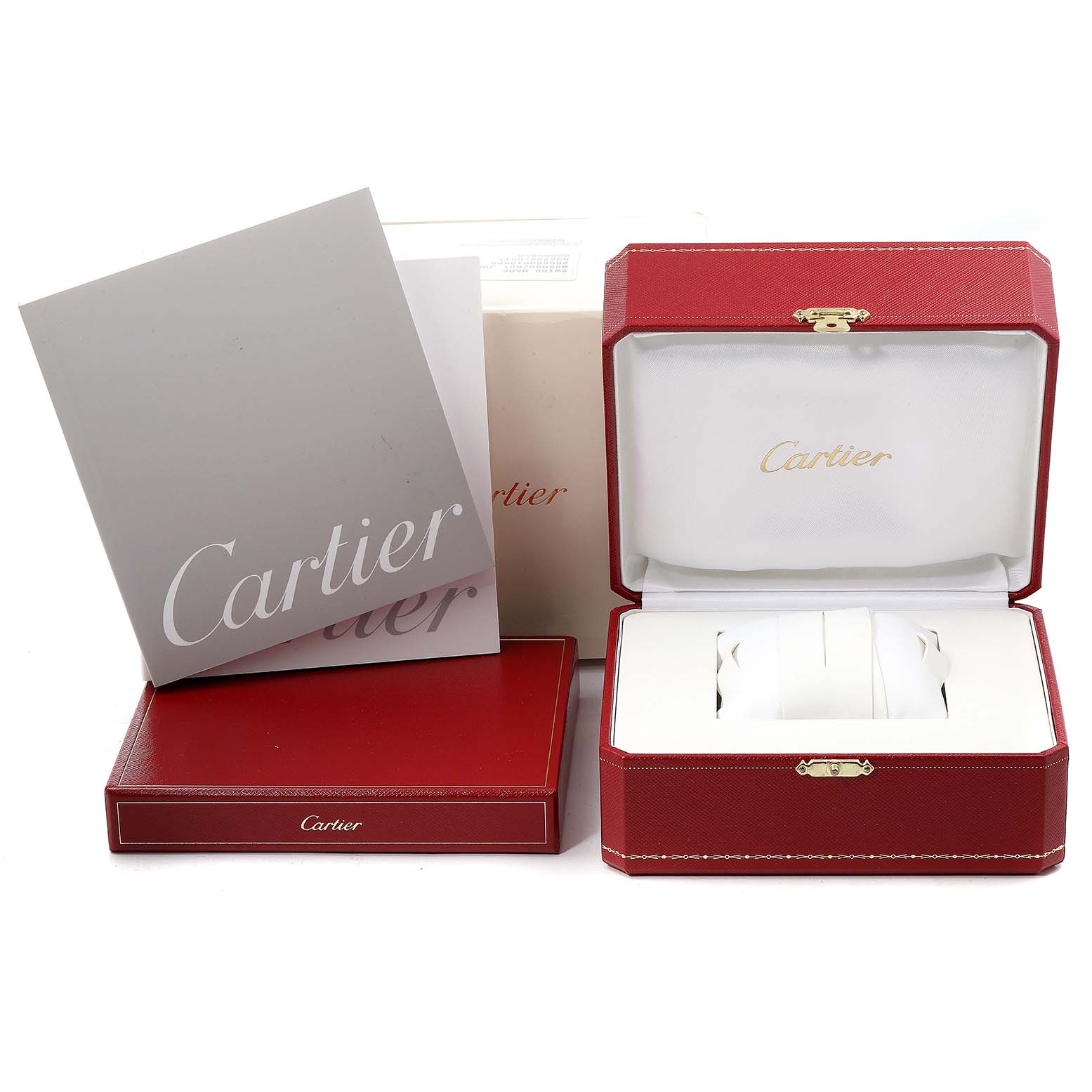 This image shows the box and documentation for a Cartier Tank Francaise W51028Q3 Women
s Stainless Steel Mother of Pearl Dial W51028Q3 Women
s Stainless Steel Mother of Pearl Dial watch, including the inner cushion and outer packaging.