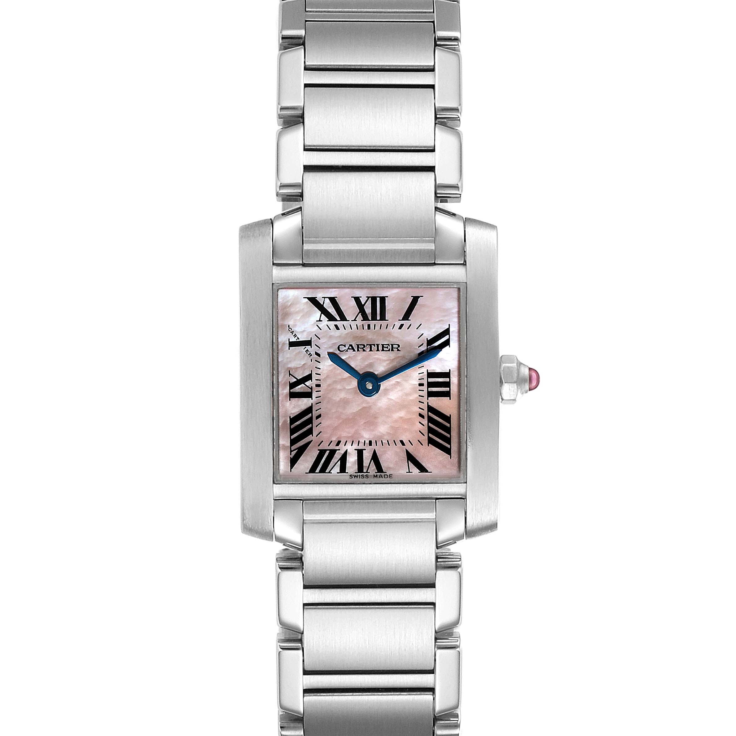 The Cartier Tank Francaise W51028Q3 Women
s Stainless Steel Mother of Pearl Dial W51028Q3 Women
s Stainless Steel Mother of Pearl Dial watch is shown from the front, highlighting its square face, Roman numerals, and metal bracelet.