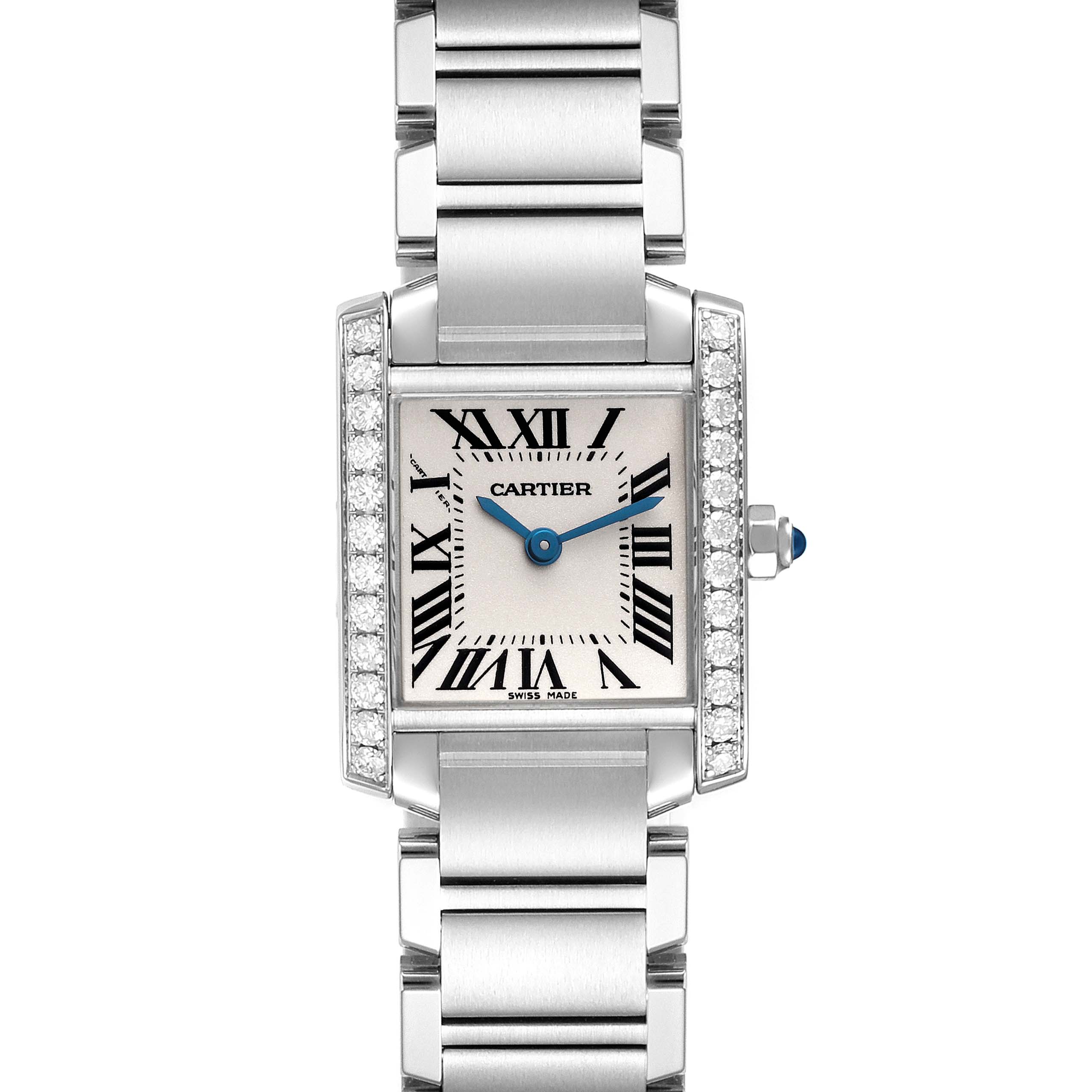 This image shows a front view of the Cartier Tank Francaise W4TA0008 Men's Stainless Steel Silver Dial W4TA0008 Men's Stainless Steel Silver Dial watch, highlighting its face, bracelet, and crown with a blue cabochon.