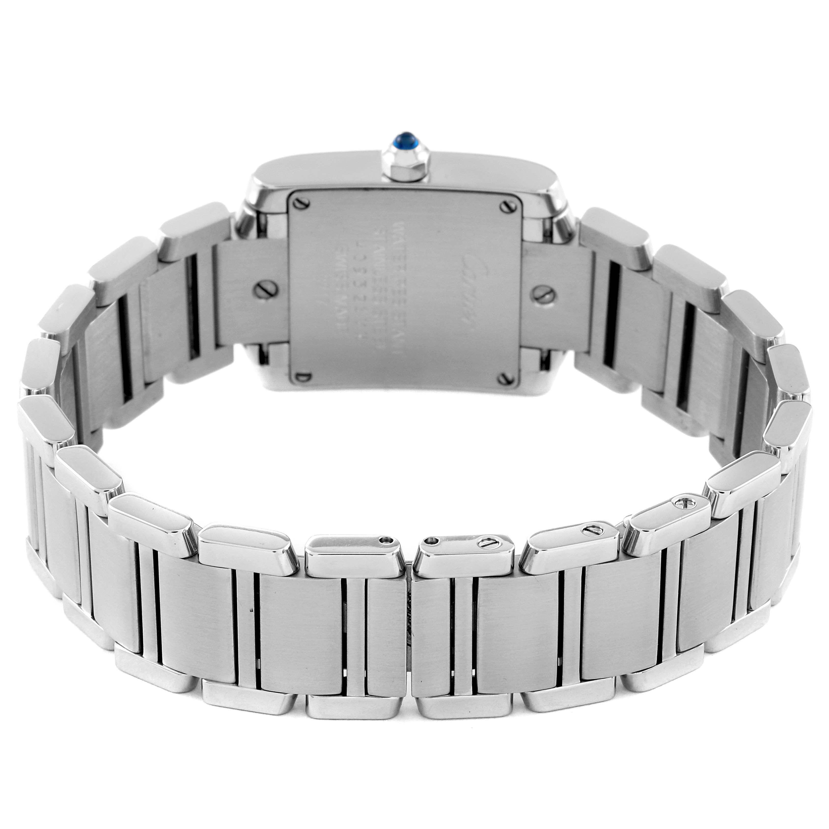 The image shows the backside of a Cartier Tank Francaise W4TA0008 Men's Stainless Steel Silver Dial W4TA0008 Men's Stainless Steel Silver Dial watch, focusing on the case back and metal bracelet.