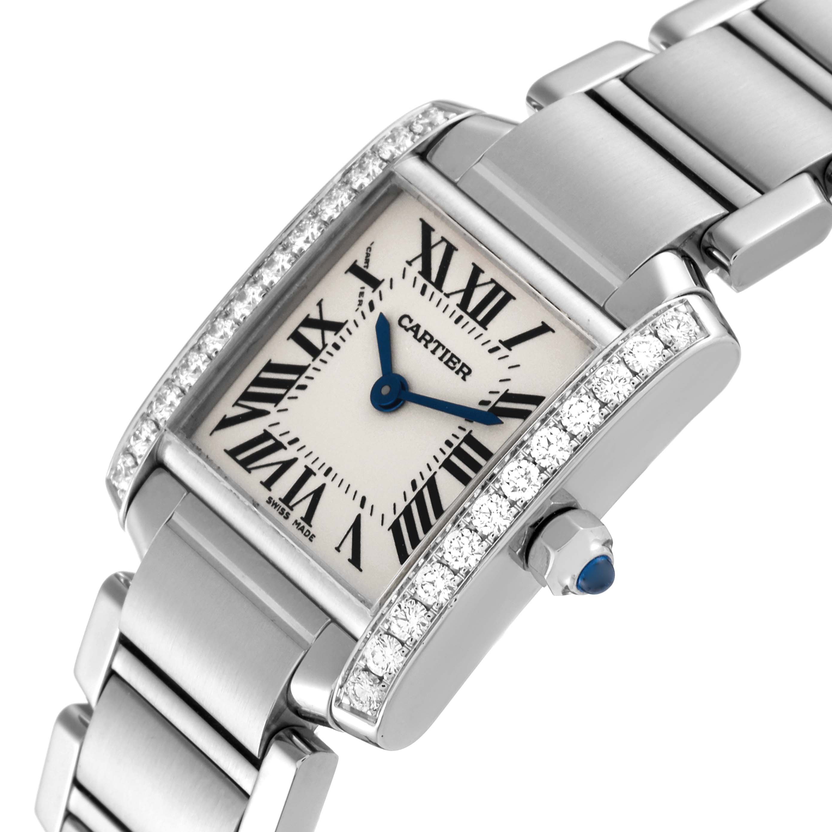 This image shows a close-up angle of a Cartier Tank Francaise W4TA0008 Men's Stainless Steel Silver Dial W4TA0008 Men's Stainless Steel Silver Dial watch, featuring its face, crown, and part of the bracelet.