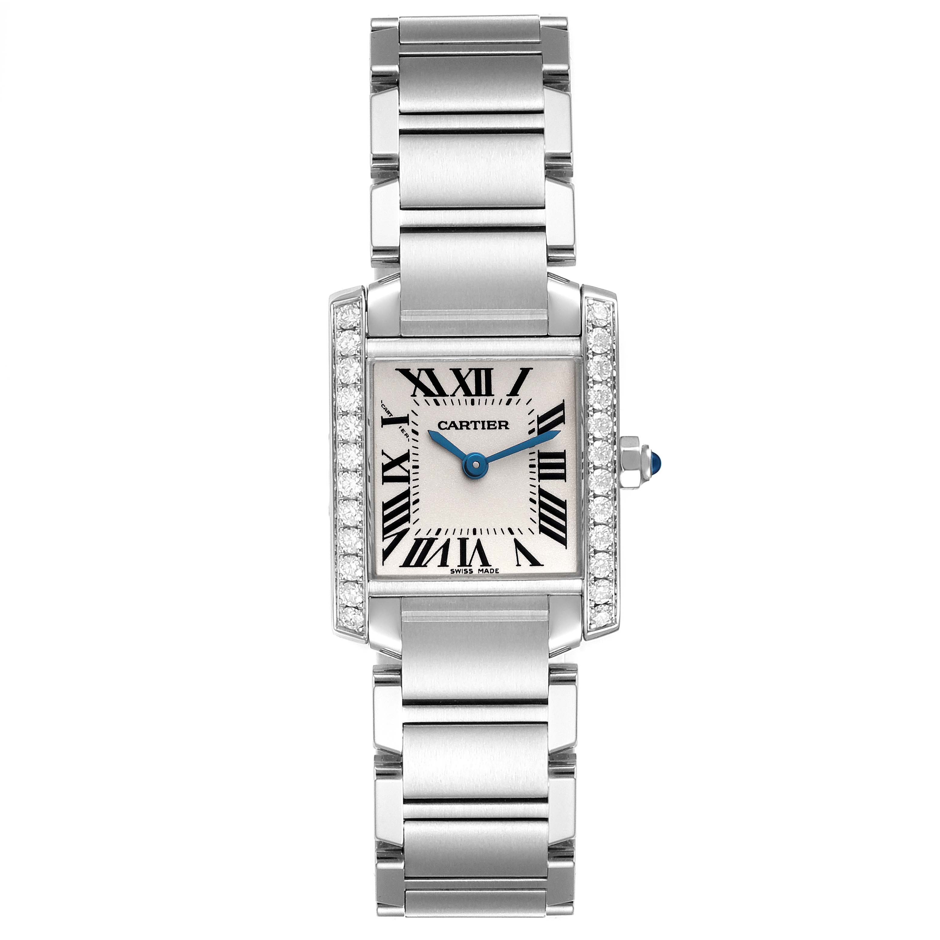 The photo shows a front view of the Cartier Tank Francaise W4TA0008 Men's Stainless Steel Silver Dial W4TA0008 Men's Stainless Steel Silver Dial watch, featuring the bracelet, dial, and crown.