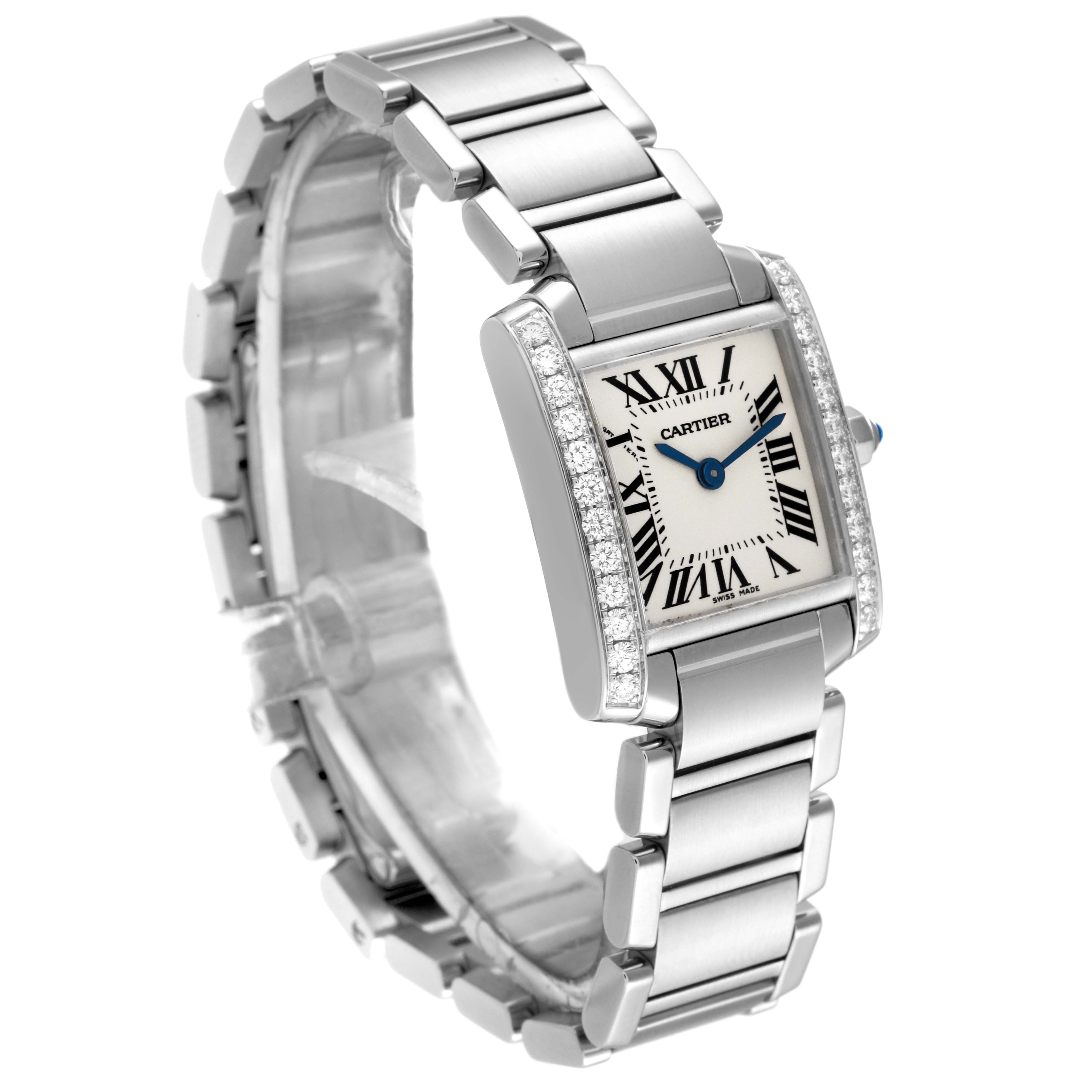 The Cartier Tank Francaise W4TA0008 Men's Stainless Steel Silver Dial W4TA0008 Men's Stainless Steel Silver Dial watch is shown at an angled view, highlighting the face, bracelet, and diamond bezel.