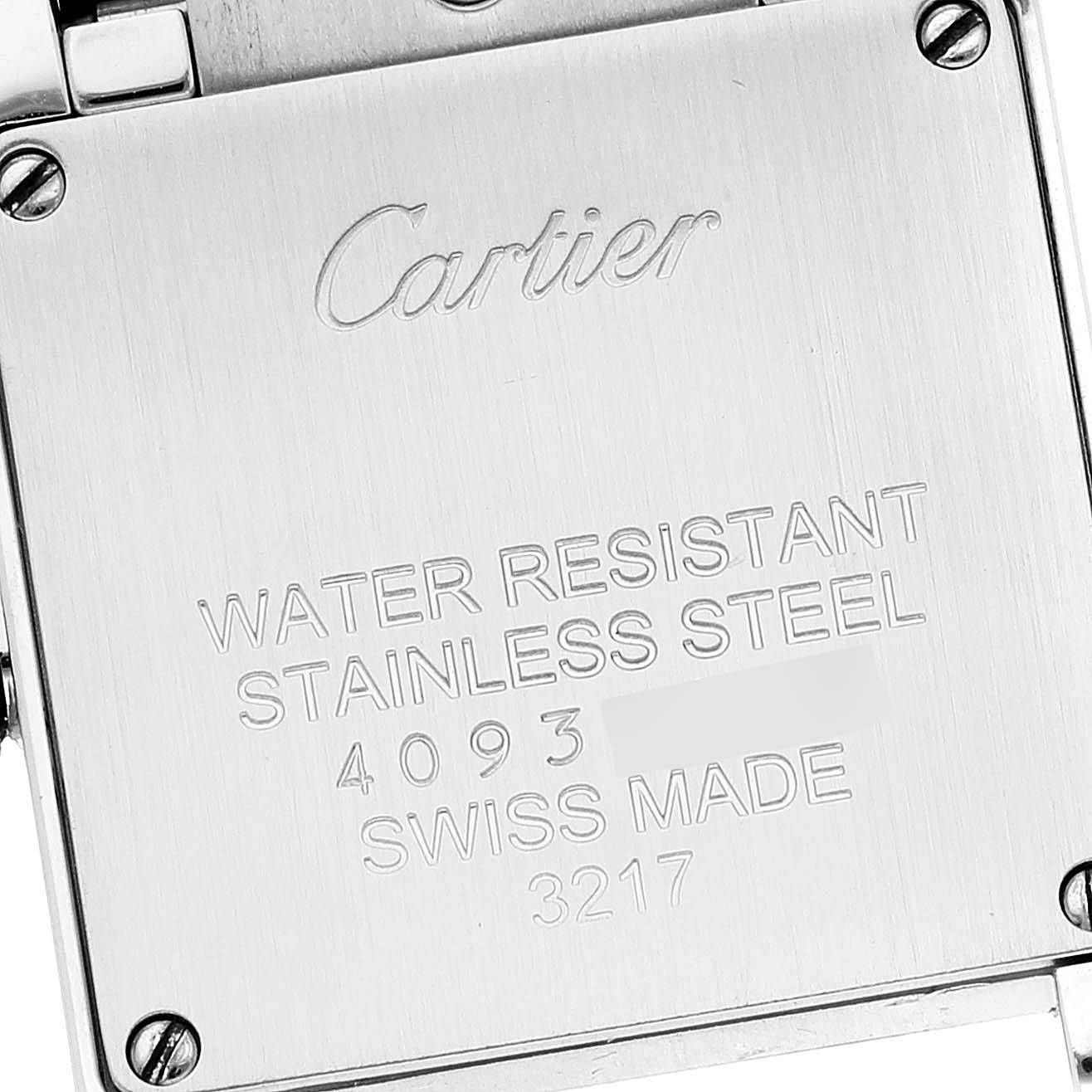 The image shows the back case of a Cartier Tank Francaise W4TA0008 Men's Stainless Steel Silver Dial W4TA0008 Men's Stainless Steel Silver Dial watch, detailing its water resistance and material.