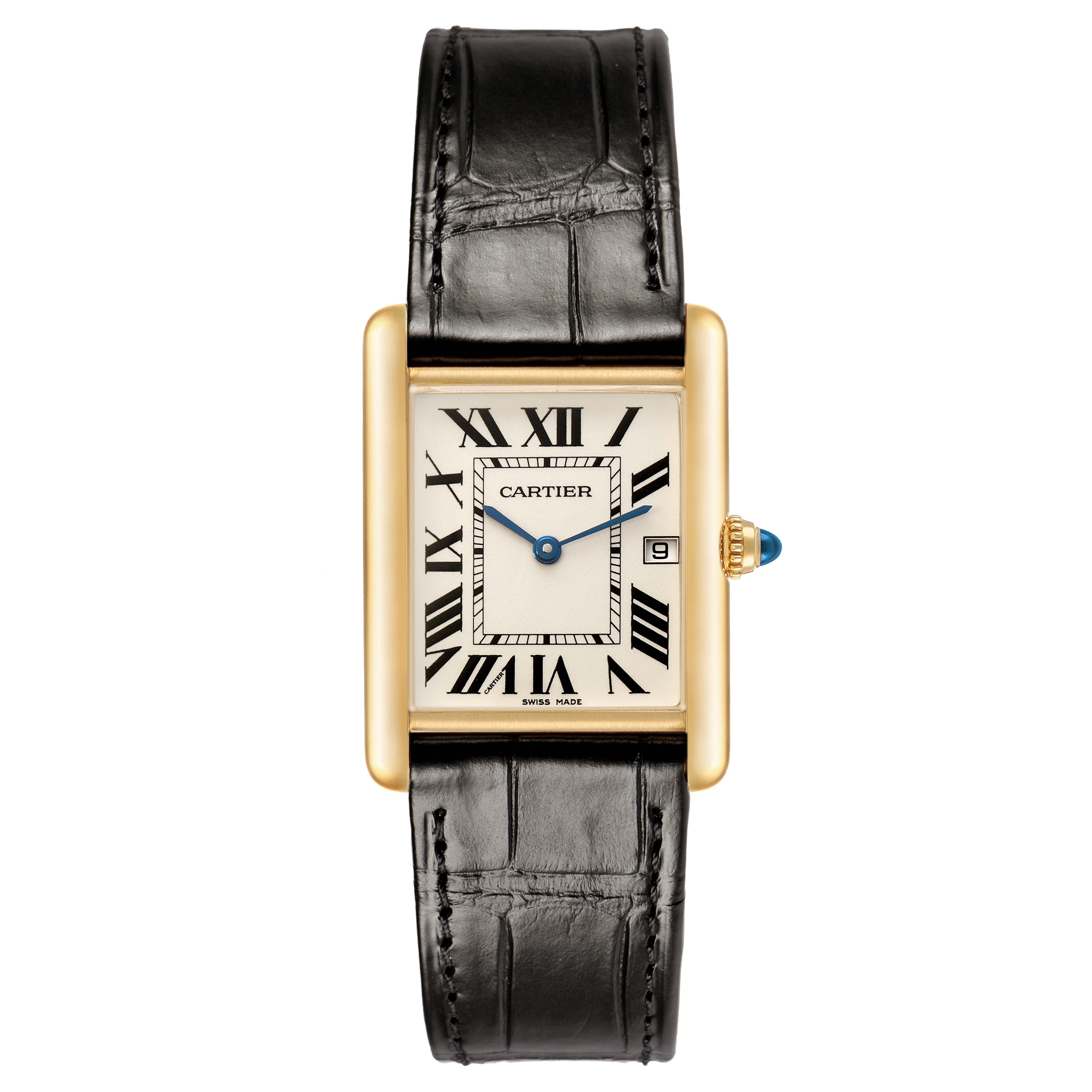 The Cartier Tank Louis W1529756 Men's Yellow Gold Silver Dial watch is shown from the front, displaying its rectangular face, Roman numerals, and leather strap.