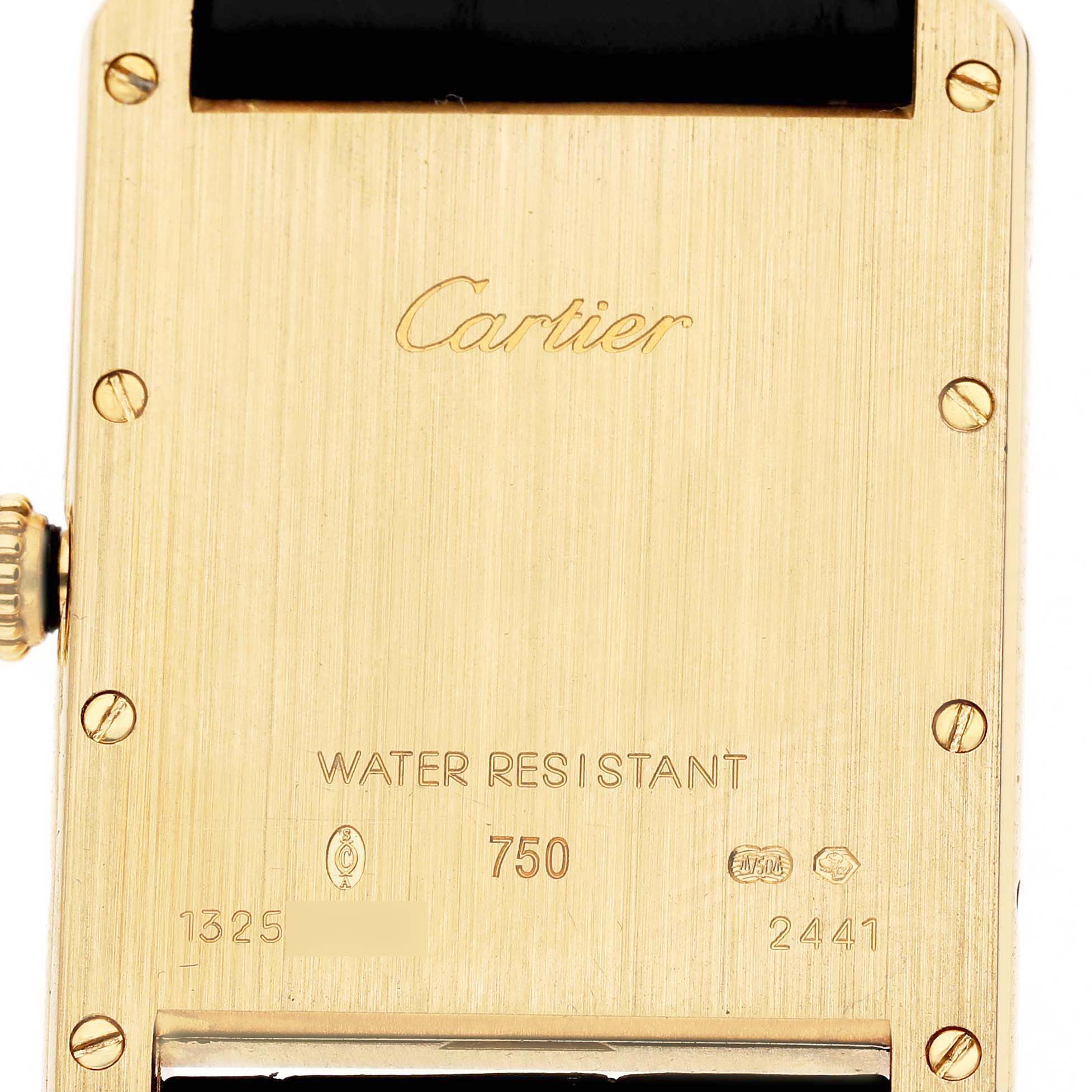 The image shows the back of the Cartier Tank Louis W1529756 Men's Yellow Gold Silver Dial watch, highlighting its engraving and water resistance details.