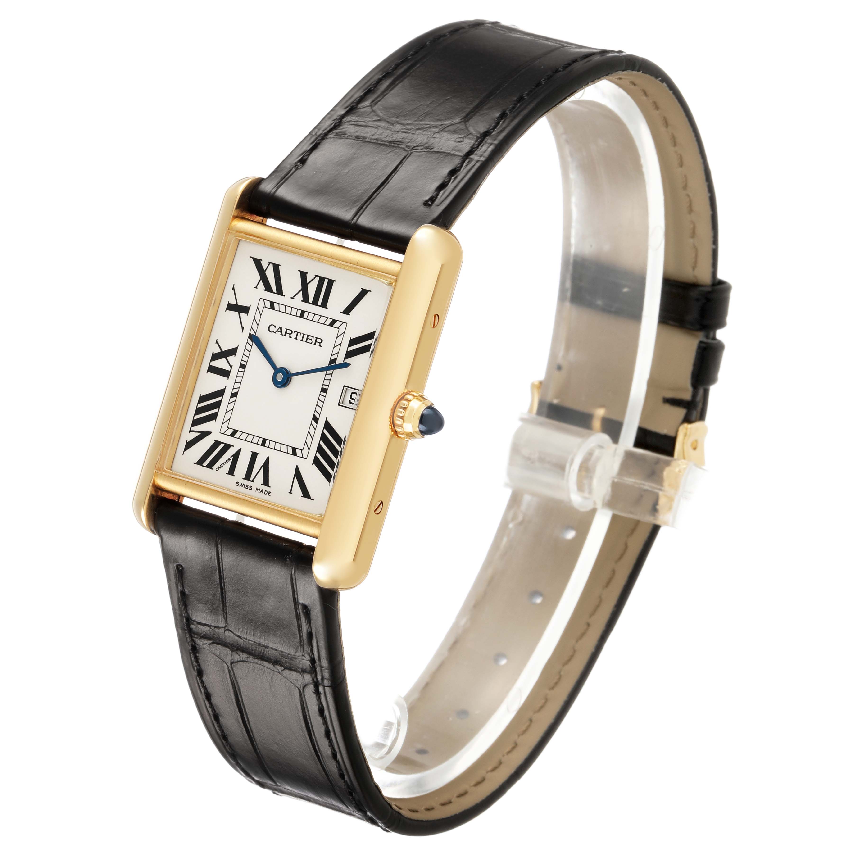 The Cartier Tank Louis W1529756 Men's Yellow Gold Silver Dial watch is shown at an angle highlighting the face, gold case, crown, and black leather strap.
