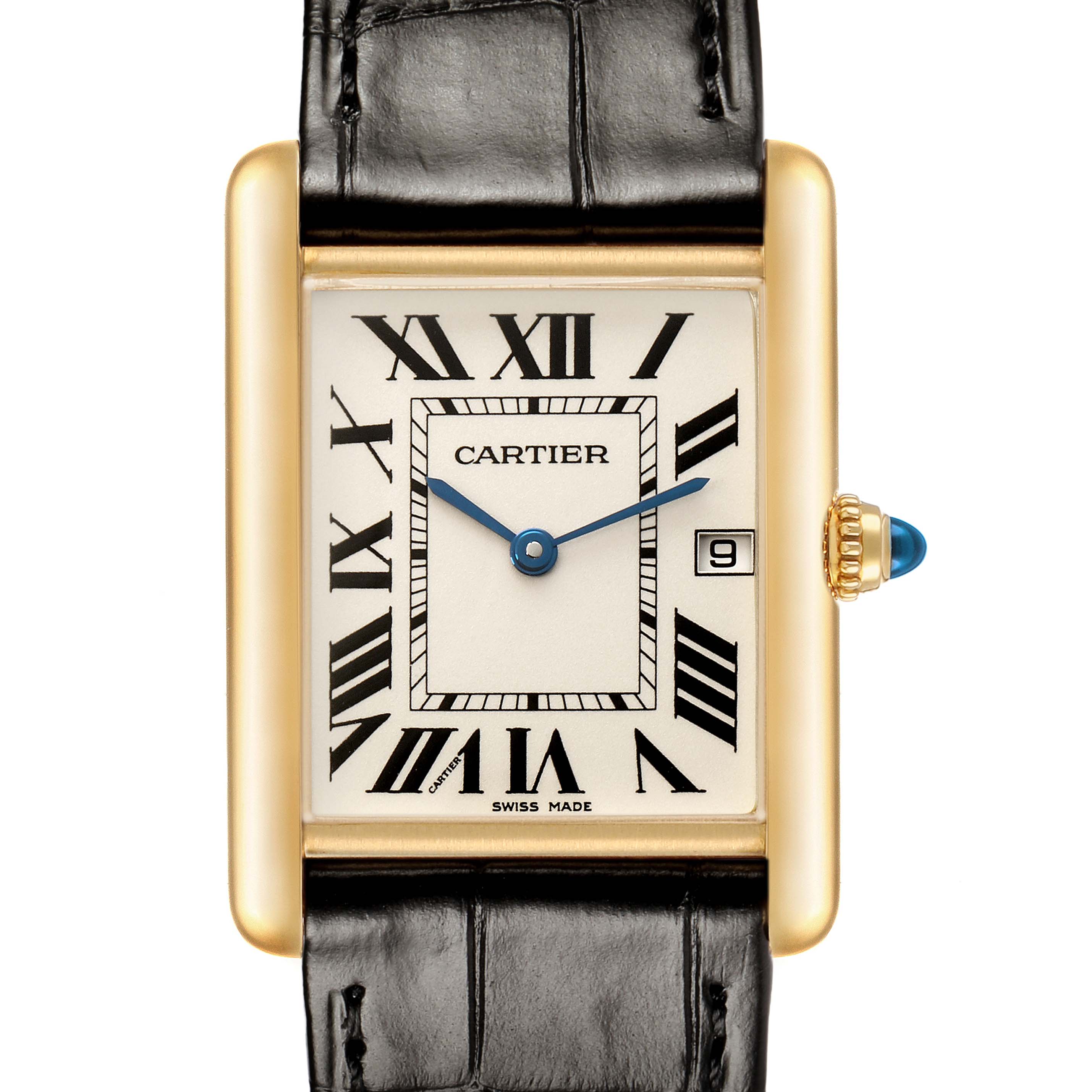 The Cartier Tank Louis W1529756 Men's Yellow Gold Silver Dial watch is shown from a front angle, highlighting its gold rectangular case, Roman numeral dial, blue hands, and date window.