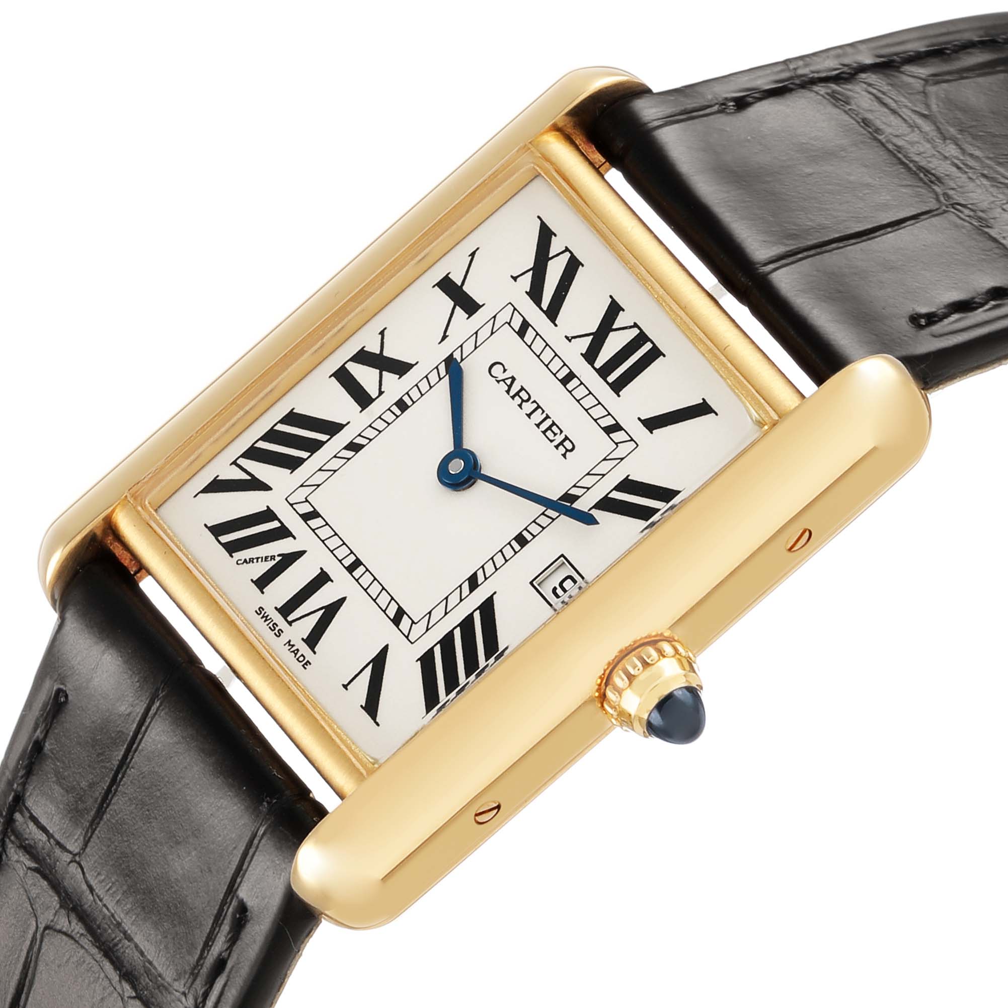 The Cartier Tank Louis W1529756 Men's Yellow Gold Silver Dial watch is shown at an angled top view, highlighting the face, gold casing, and leather strap.