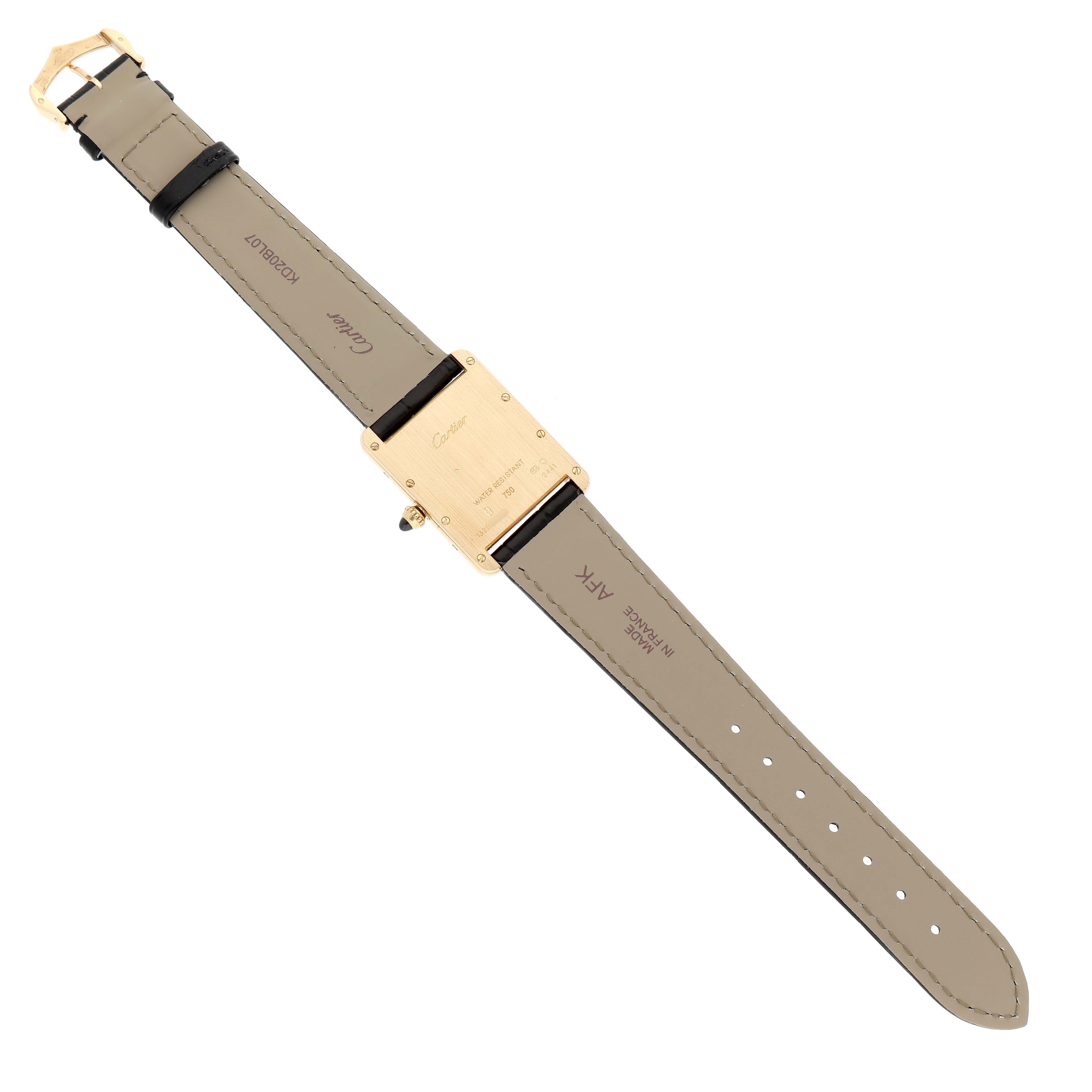 The image shows the back of the Cartier Tank Louis W1529756 Men's Yellow Gold Silver Dial watch with its strap fully extended.