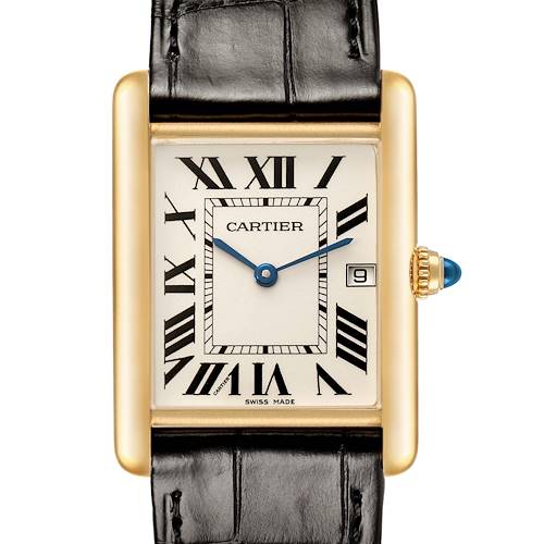 The Cartier Tank Louis W1529756 Men's Yellow Gold Silver Dial watch is shown from the front, displaying the face, Roman numerals, blue hands, date window, and leather strap.