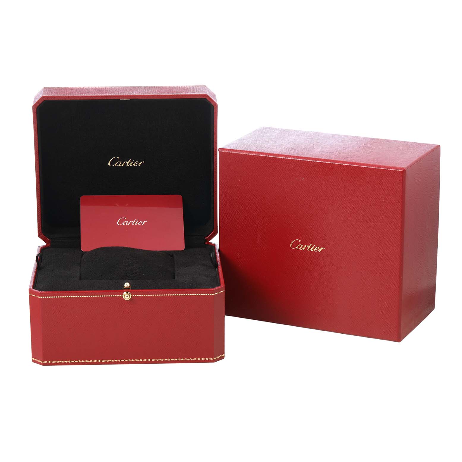 The image shows the Cartier Tank Louis W1529756 Men's Yellow Gold Silver Dial watch box and a card inside, viewed from the front.