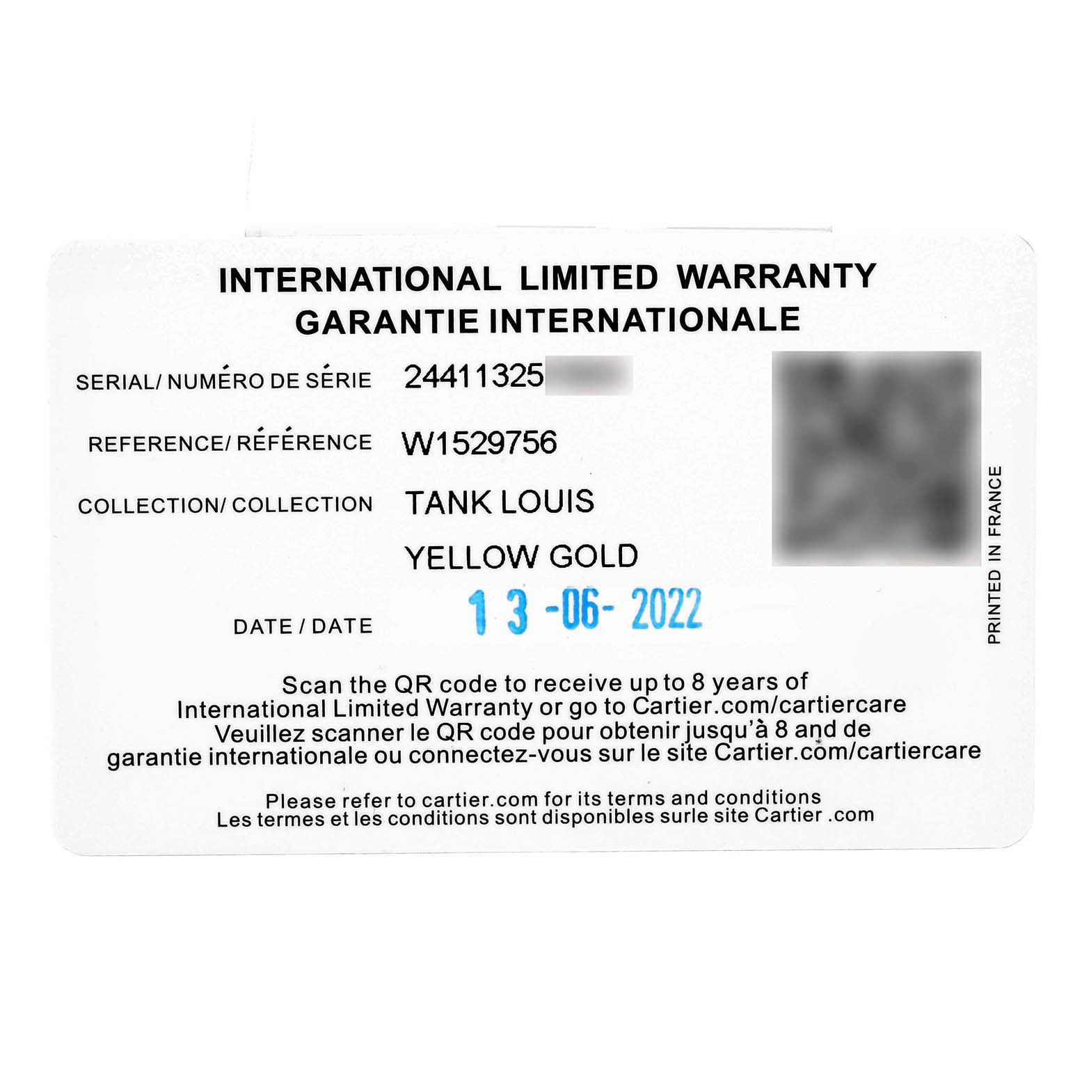 The image shows an International Limited Warranty card for the Cartier Tank Louis W1529756 Men's Yellow Gold Silver Dial model.