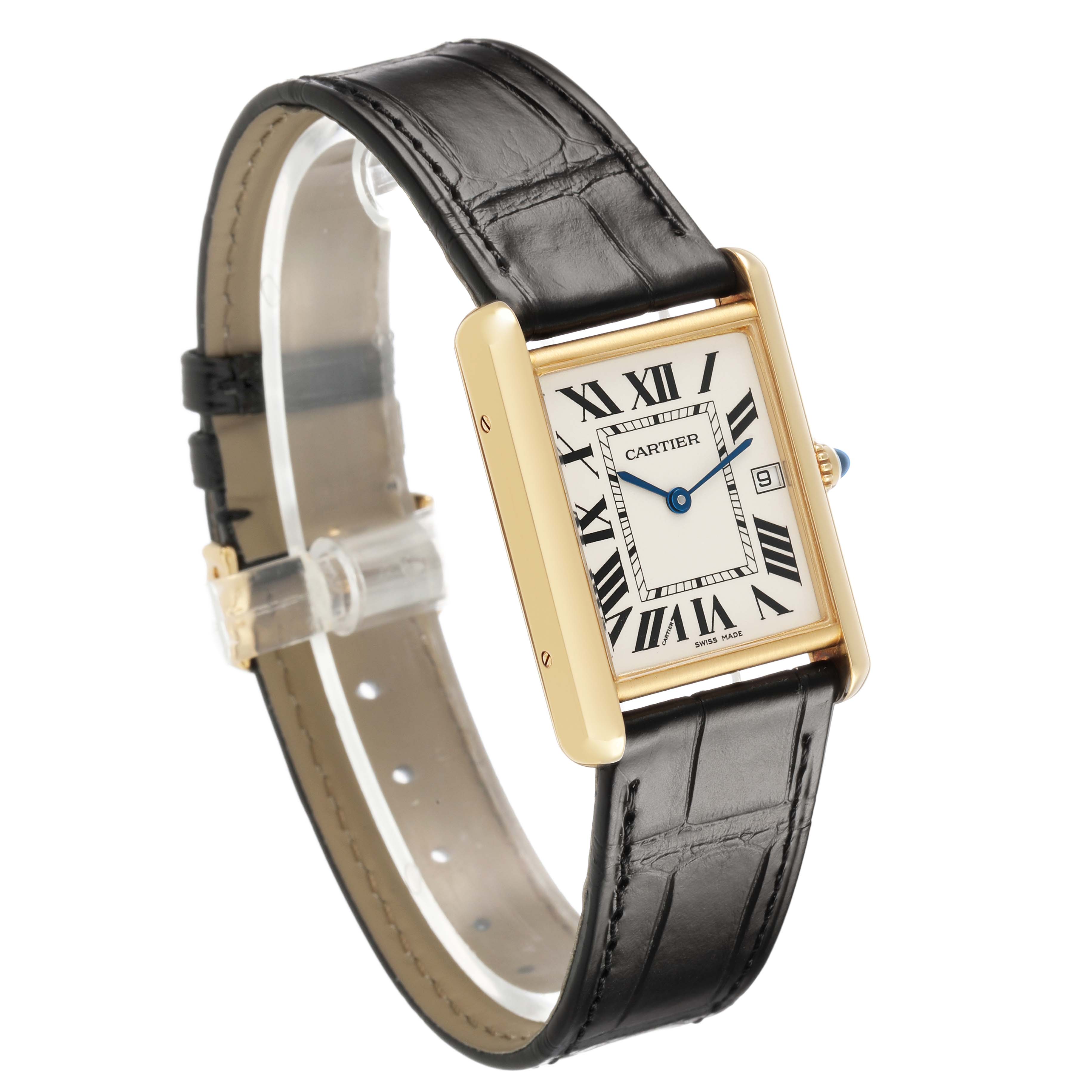 The Cartier Tank Louis W1529756 Men's Yellow Gold Silver Dial watch is shown at an angled side view, displaying the face, bezel, and black leather strap.