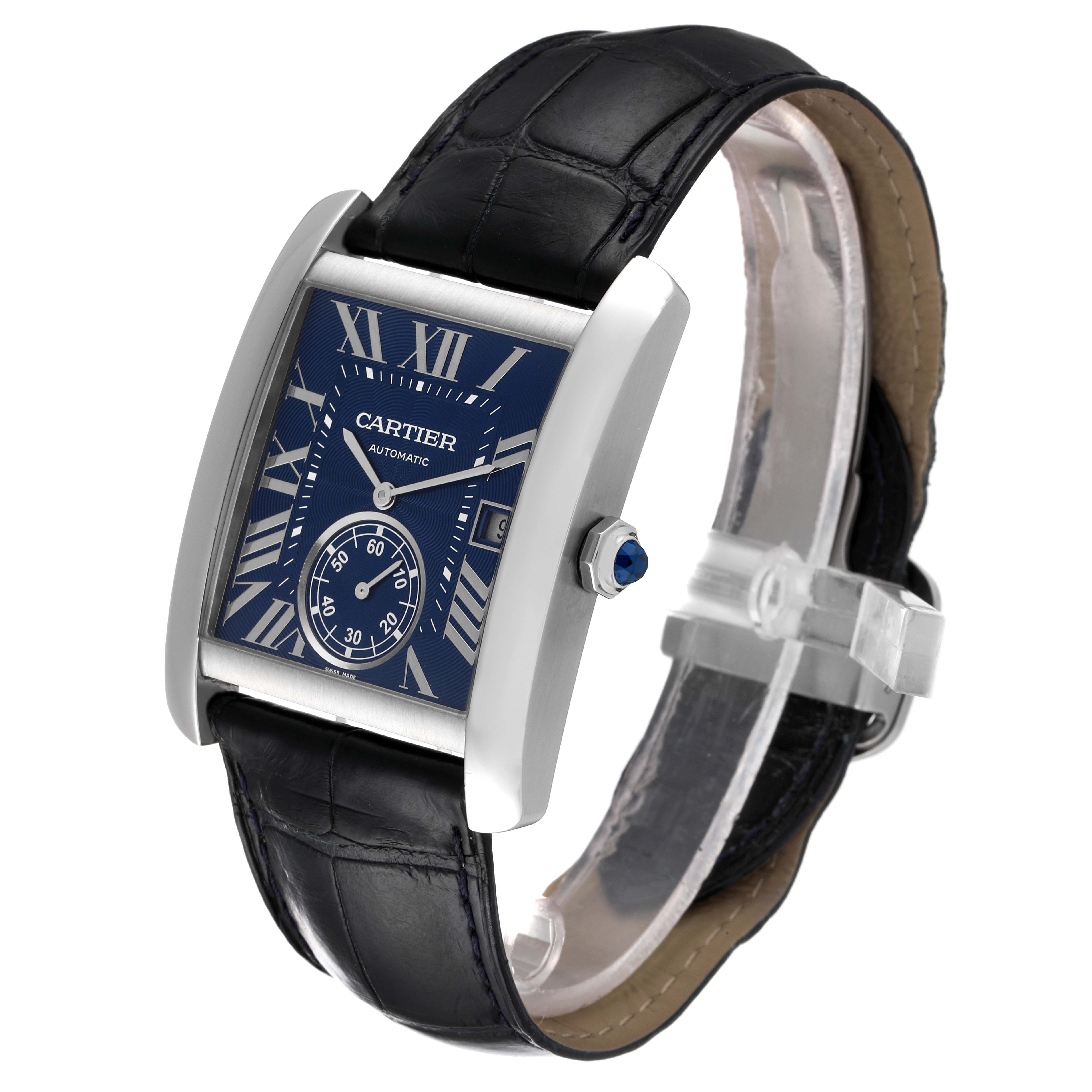 The image shows a Cartier Tank MC WSTA0010 Men's Stainless Steel Blue Dial WSTA0010 Men's Stainless Steel Blue Dial watch at a three-quarter angle, displaying the dial, case, strap, and crown.