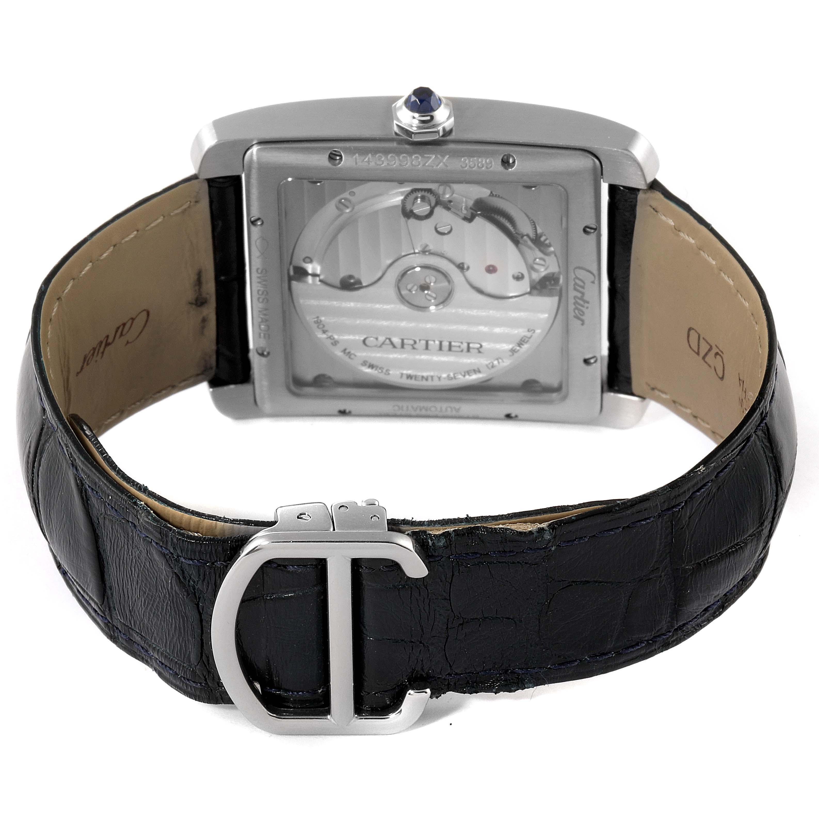 The image shows the back of the Cartier Tank MC WSTA0010 Men's Stainless Steel Blue Dial WSTA0010 Men's Stainless Steel Blue Dial watch, highlighting the movement and leather strap with a metal clasp.