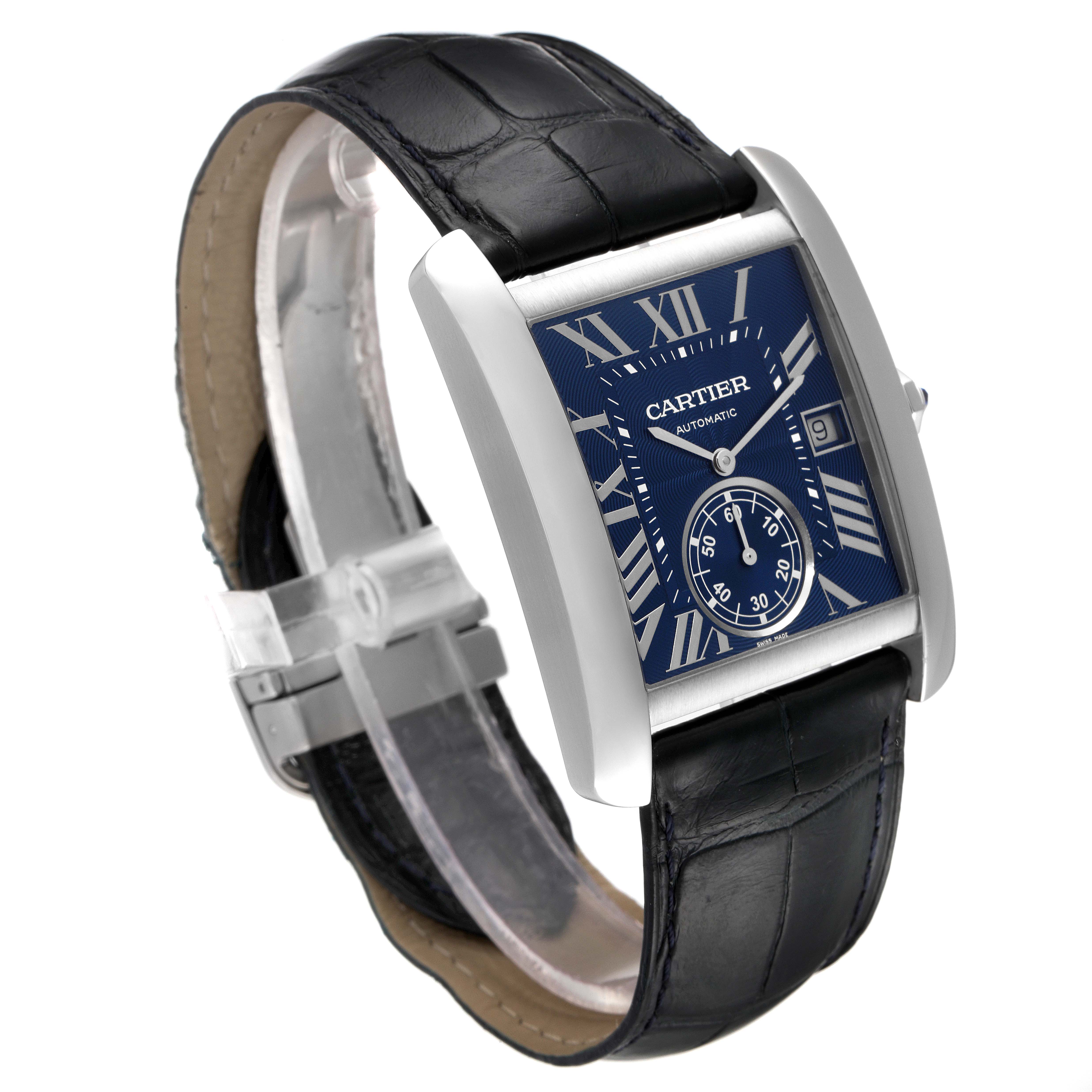 This is a Cartier Tank MC WSTA0010 Men's Stainless Steel Blue Dial WSTA0010 Men's Stainless Steel Blue Dial watch shown at an angle highlighting its face, strap, and clasp.