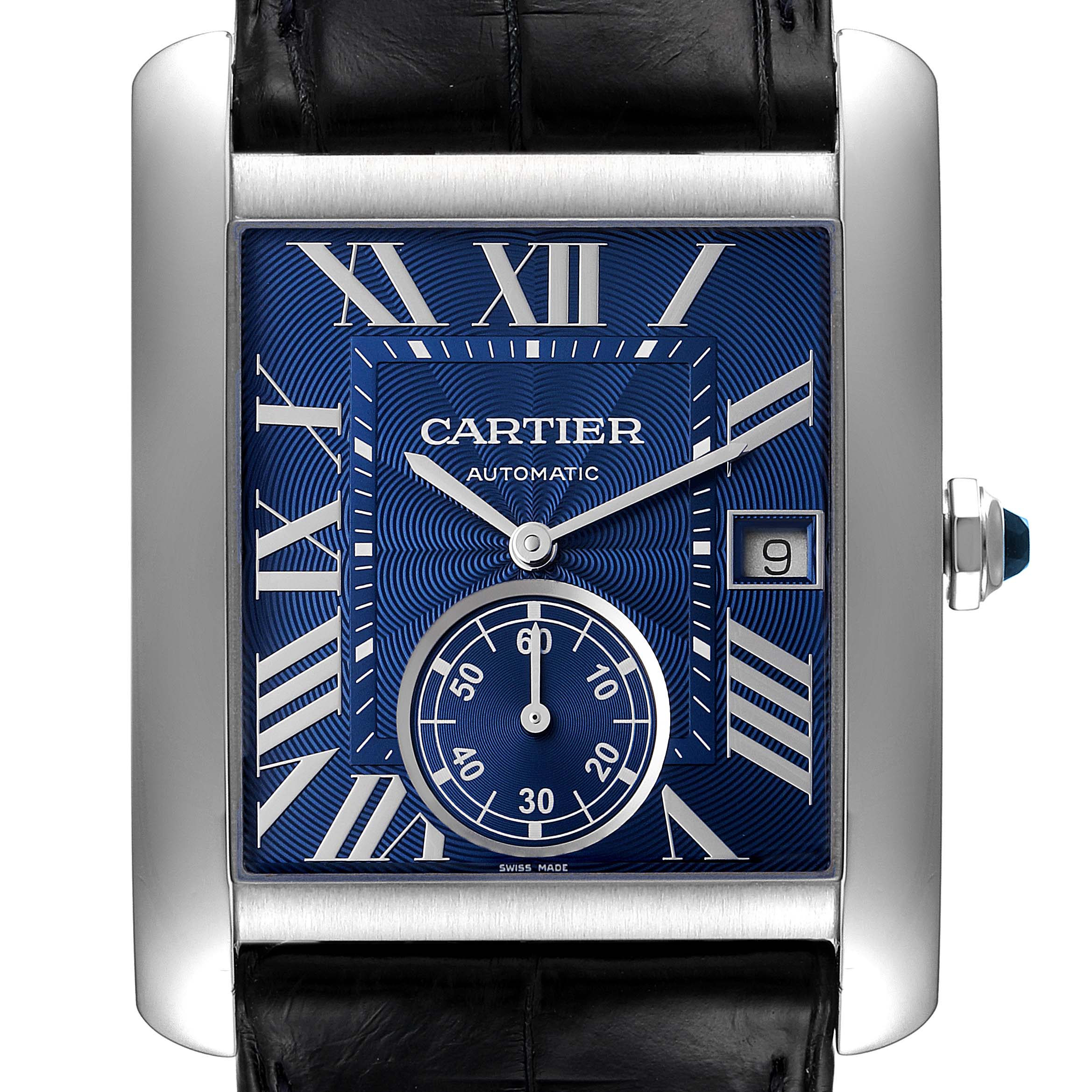 The image shows a close-up, frontal view of the Cartier Tank MC WSTA0010 Men's Stainless Steel Blue Dial WSTA0010 Men's Stainless Steel Blue Dial watch, highlighting its blue dial, Roman numerals, and date window.