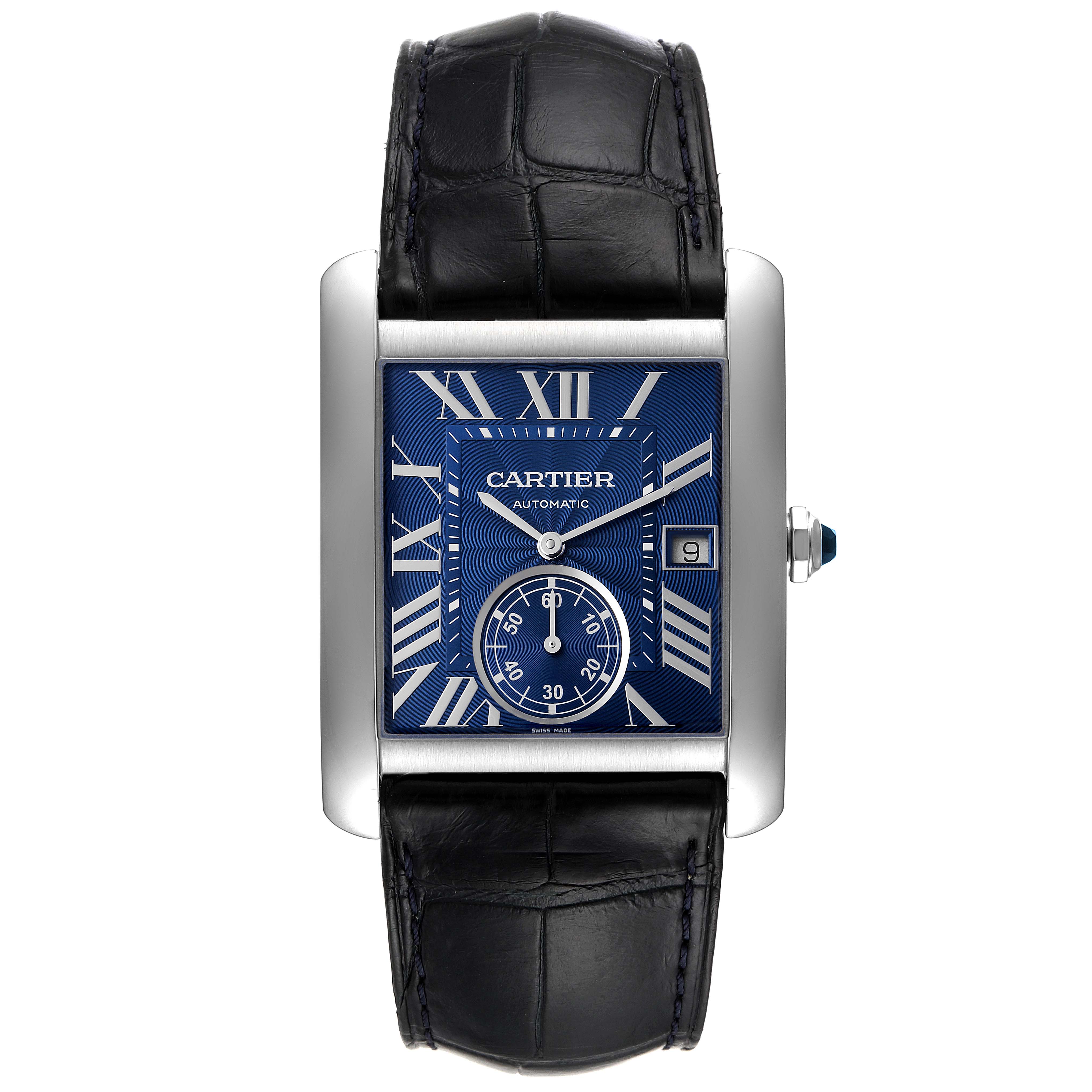 The Cartier Tank MC WSTA0010 Men's Stainless Steel Blue Dial WSTA0010 Men's Stainless Steel Blue Dial watch is shown from a front angle, displaying its rectangular dial, blue face, Roman numerals, sub-dial, and black leather strap.