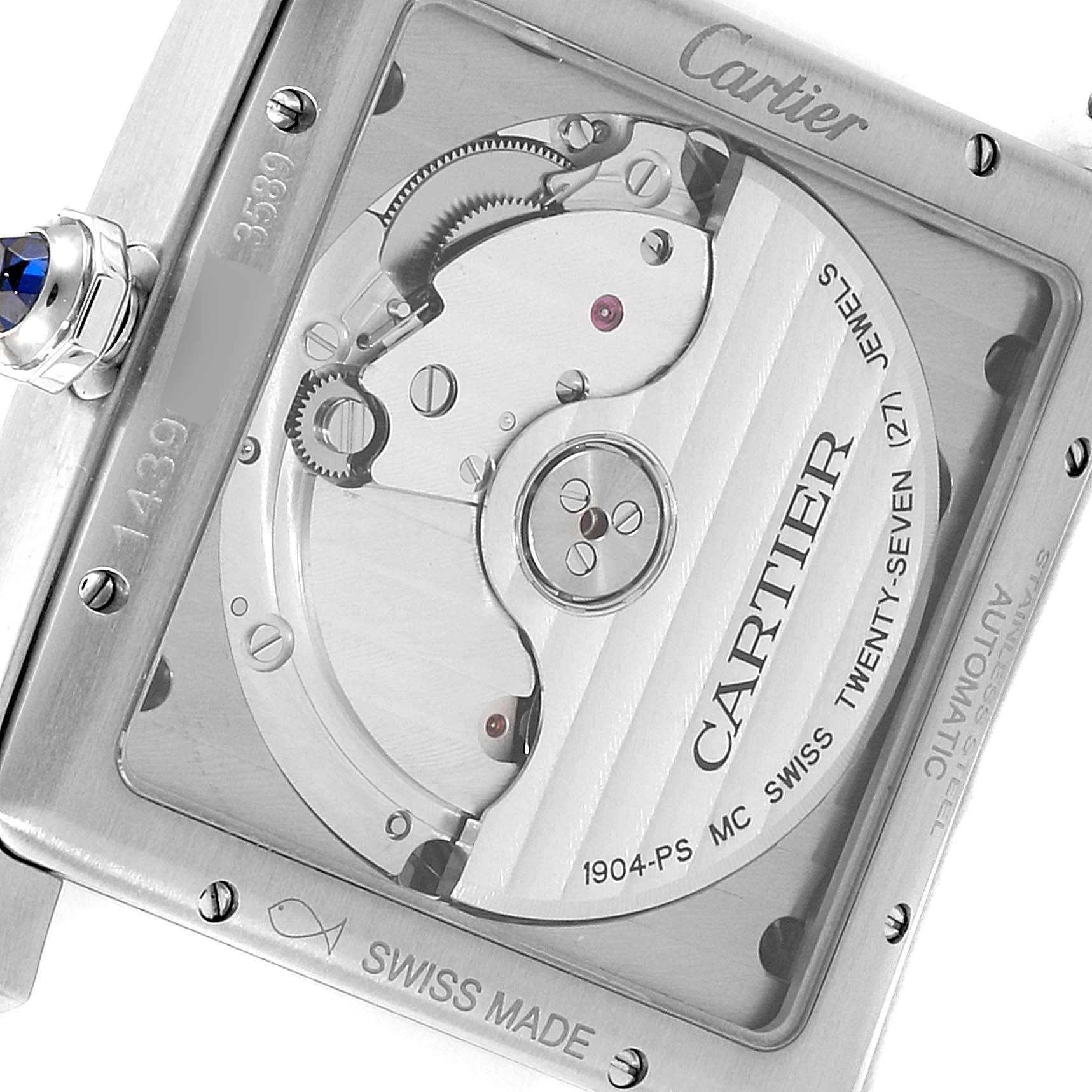 This image shows the back of the Cartier Tank MC WSTA0010 Men's Stainless Steel Blue Dial WSTA0010 Men's Stainless Steel Blue Dial watch, highlighting its mechanical movement.