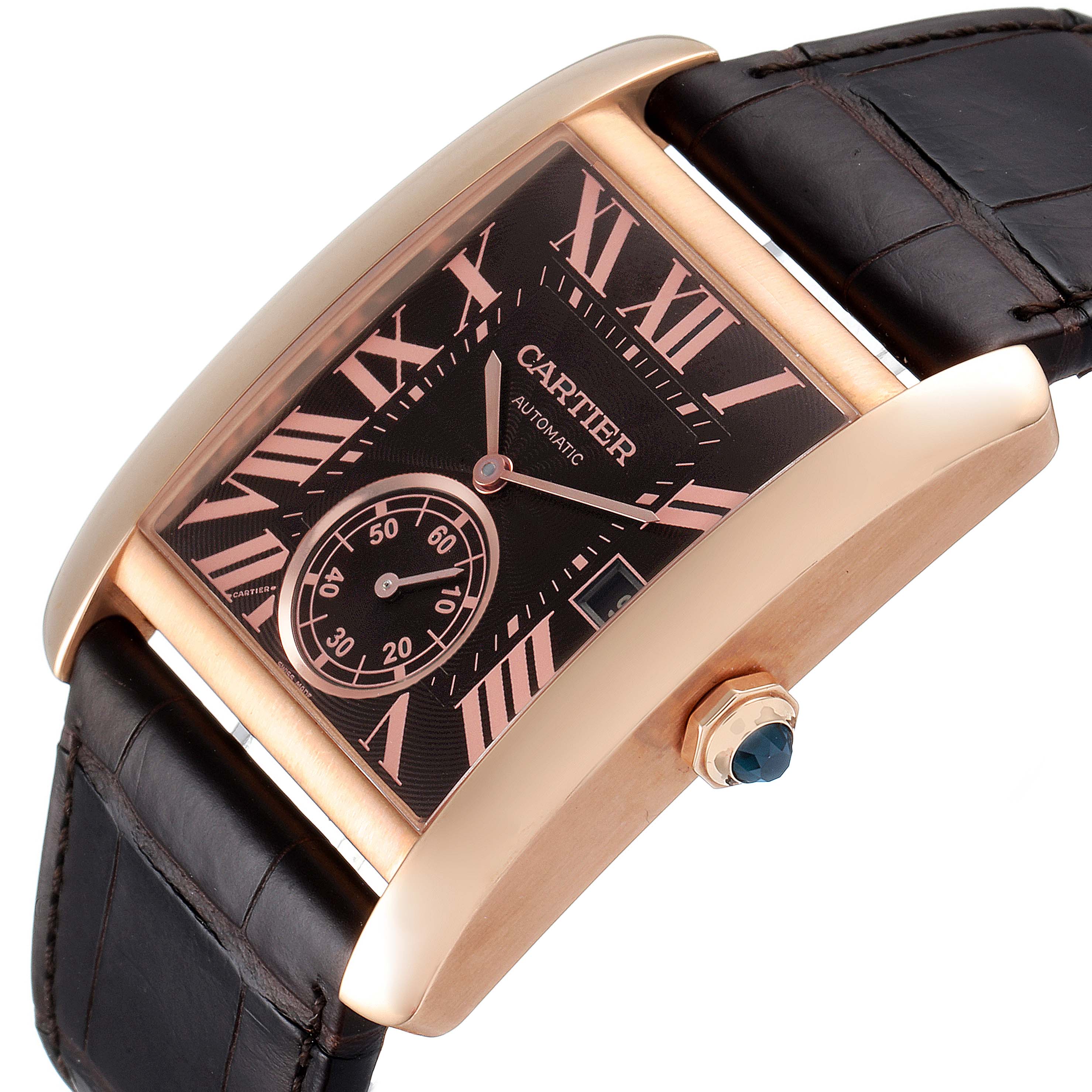 The image shows a Cartier Tank MC W5330002 Men's Rose Gold Brown Dial W5330002 Men's Rose Gold Brown Dial watch at an angle highlighting the case, dial, crown, and part of the leather strap.