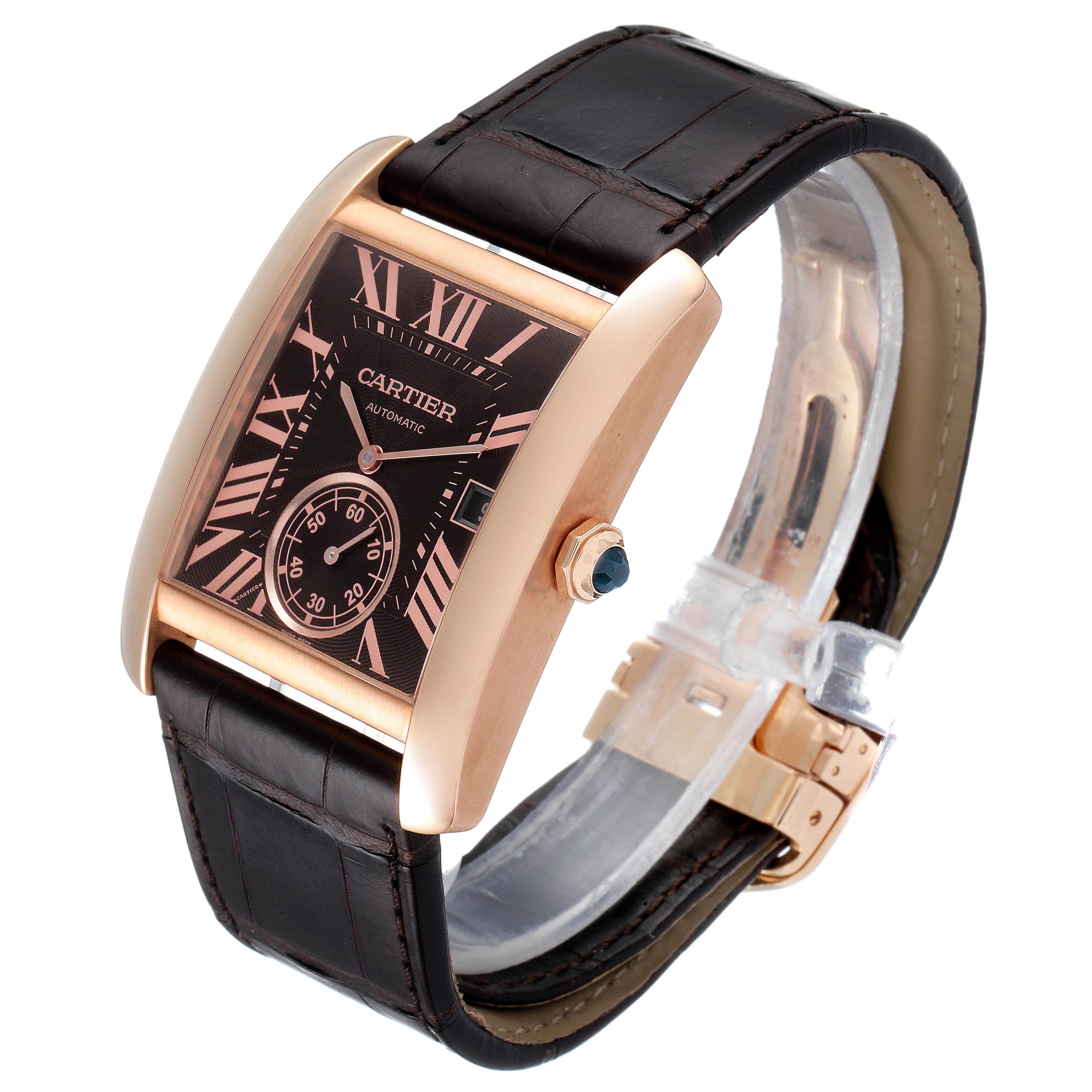 The image shows the Cartier Tank MC W5330002 Men's Rose Gold Brown Dial W5330002 Men's Rose Gold Brown Dial watch from a front diagonal angle, highlighting its face, rose gold case, crown, and leather strap.