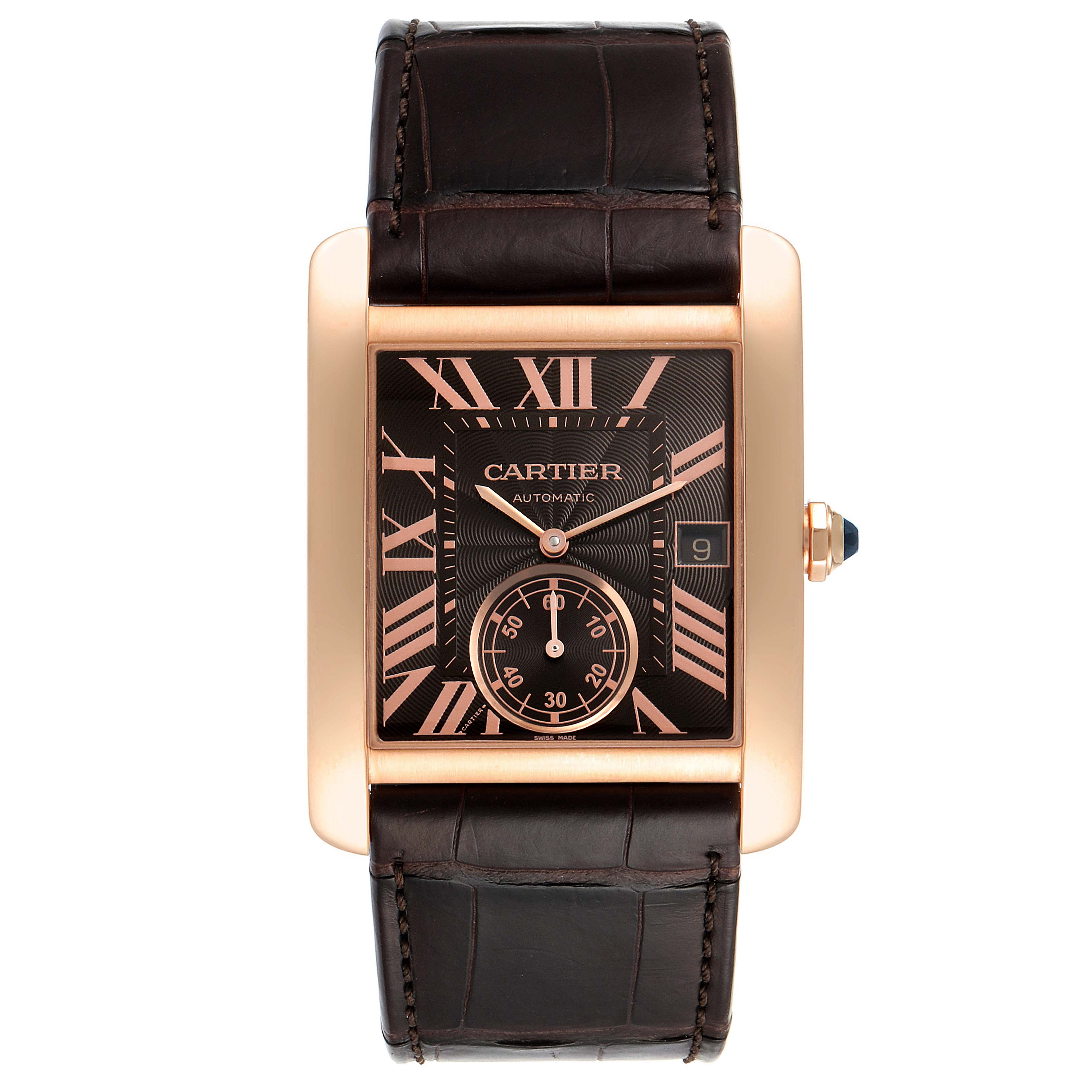 The image shows a front view of a Cartier Tank MC W5330002 Men's Rose Gold Brown Dial W5330002 Men's Rose Gold Brown Dial watch, highlighting its face, strap, and side crown.