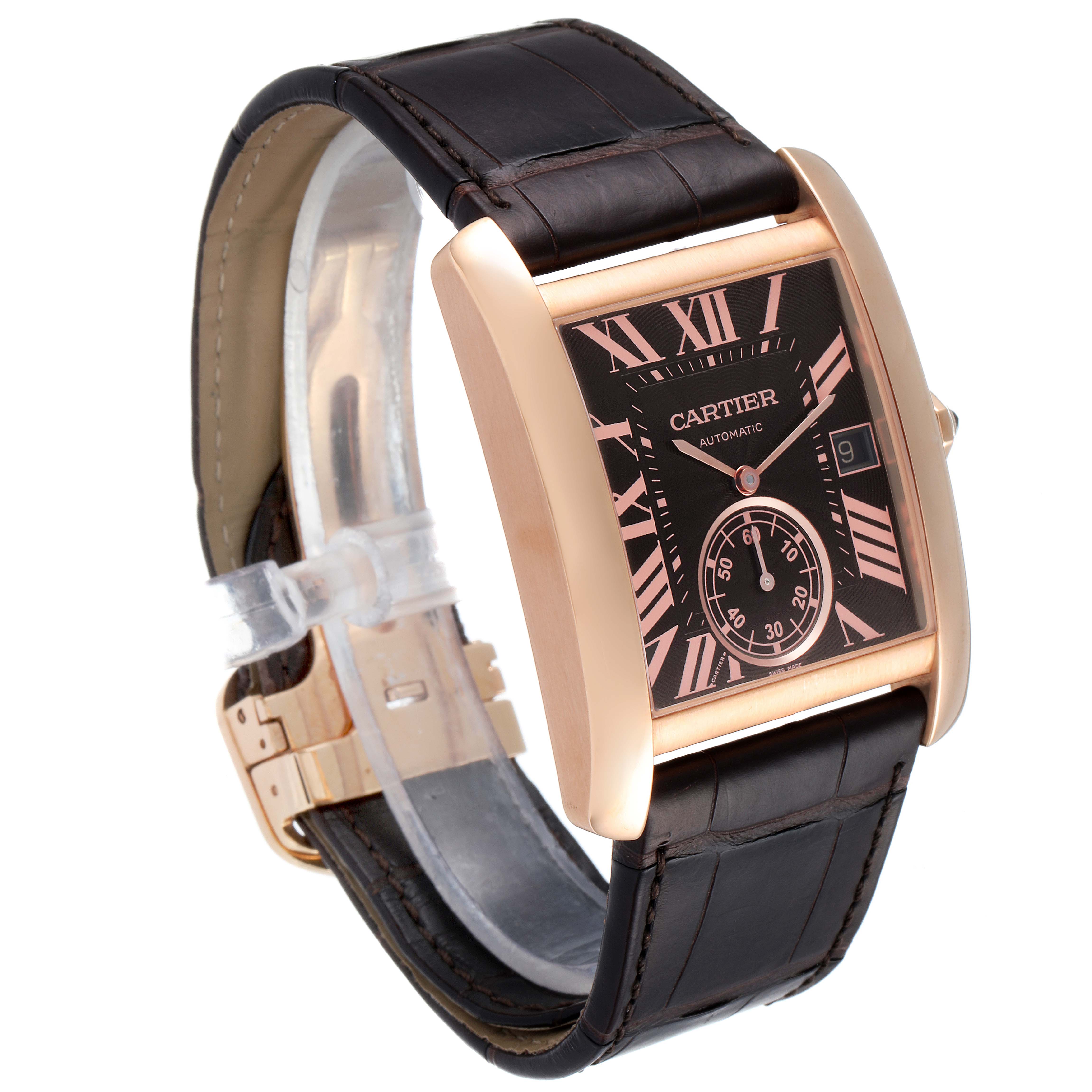 The image shows a Cartier Tank MC W5330002 Men's Rose Gold Brown Dial W5330002 Men's Rose Gold Brown Dial watch at a slight angle, highlighting its dial, leather strap, and rose gold case.