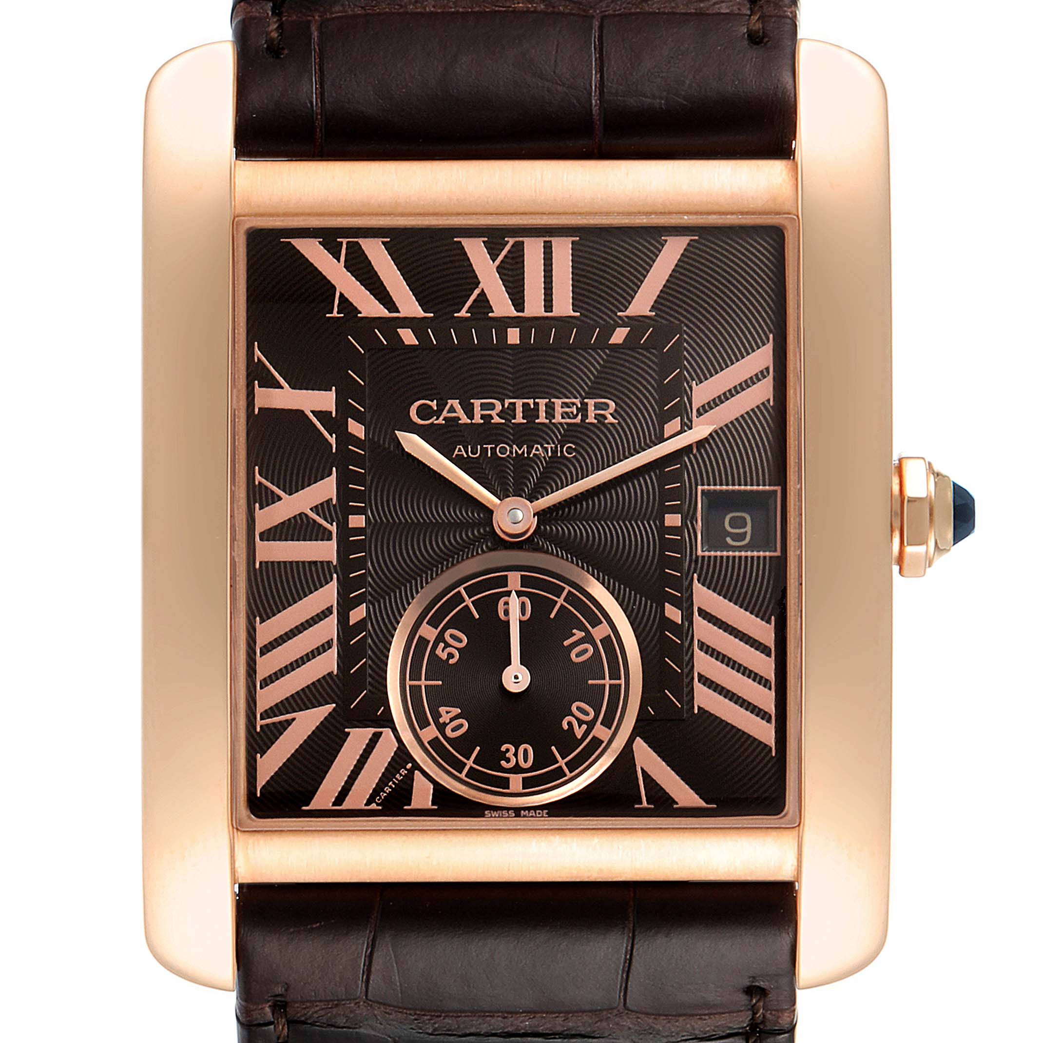 The image shows a frontal view of a Cartier Tank MC W5330002 Men's Rose Gold Brown Dial W5330002 Men's Rose Gold Brown Dial watch, featuring a rectangular dial with Roman numerals and a leather strap.